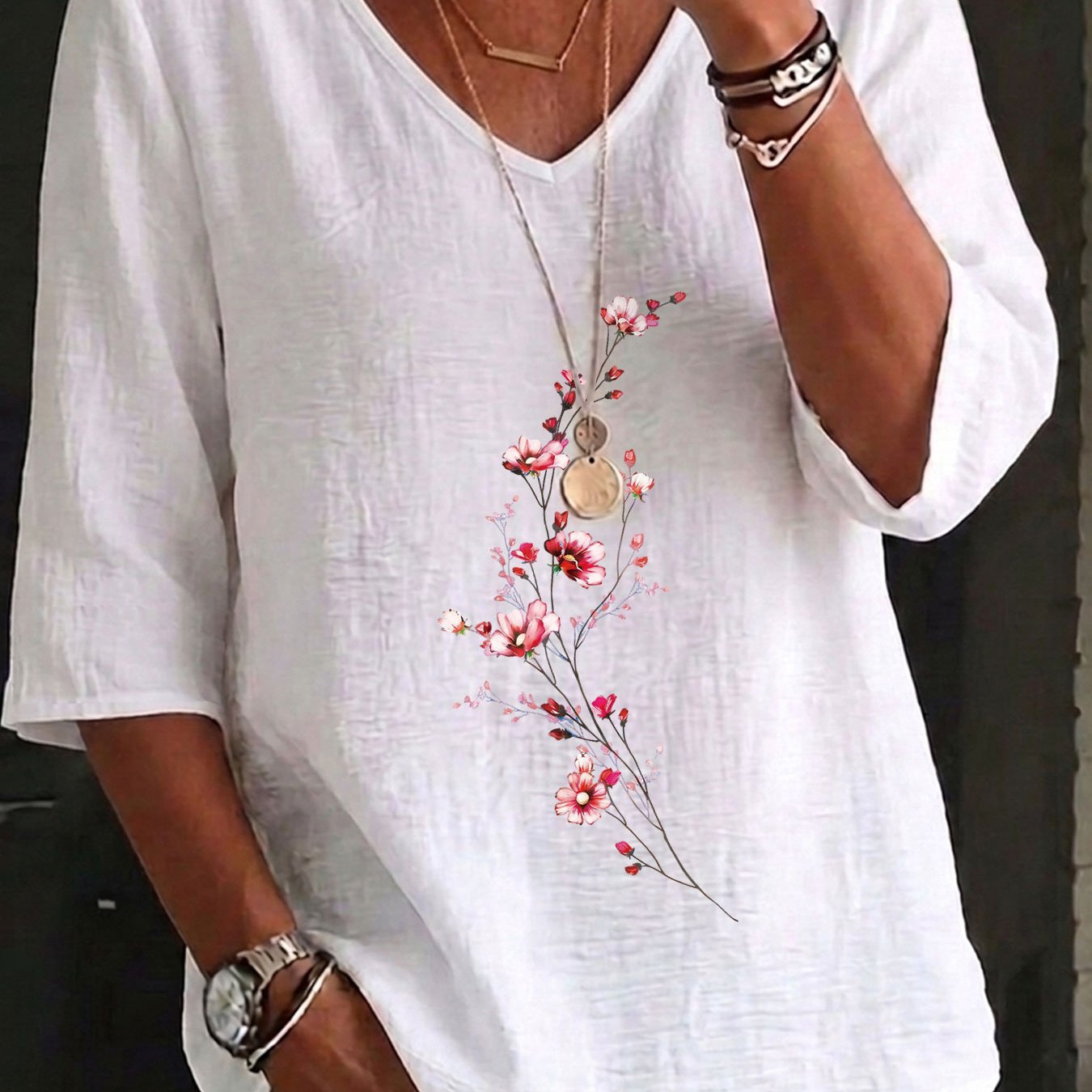 TEMU Spring Summer Casual 's Top, Watercolor Floral Branch Print Loose V-neck Three-quarter Sleeve Shirt