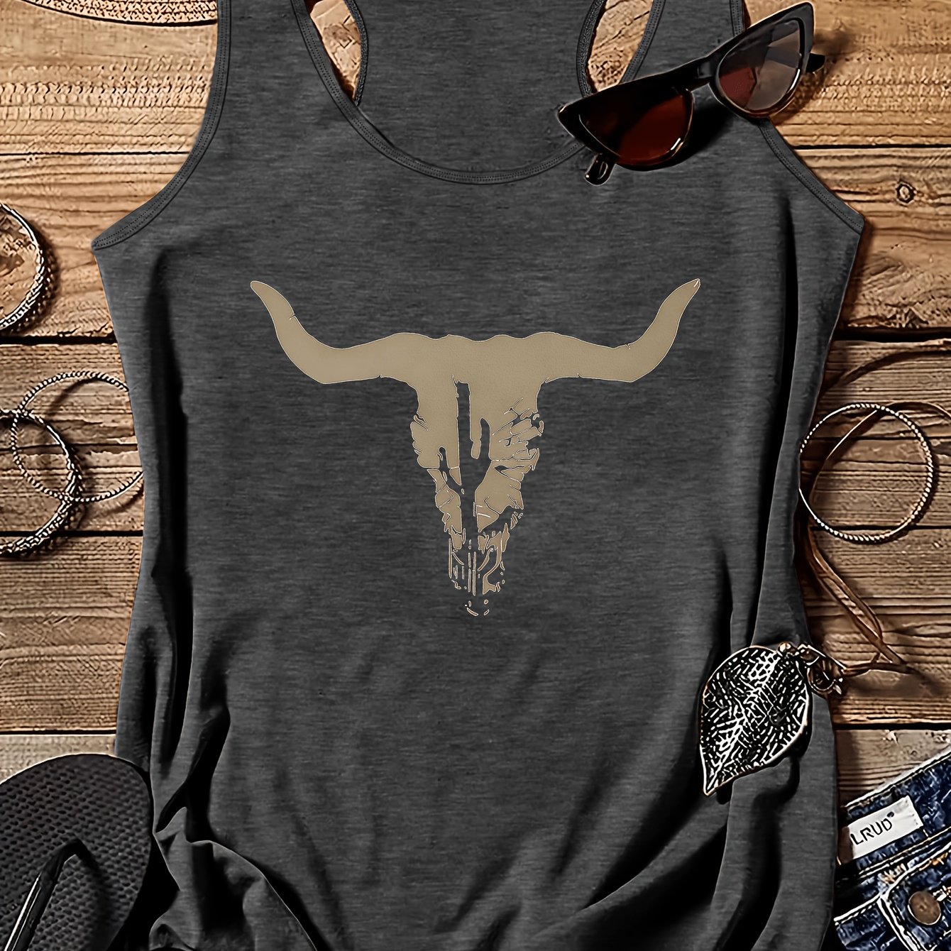 TEMU Plus Size, Women' Western Cowgirl Skull Print Tank Top - Stretchy Polyester Sleeveless Shirt, Round Neck - Blouse Style Blouse Suitable For