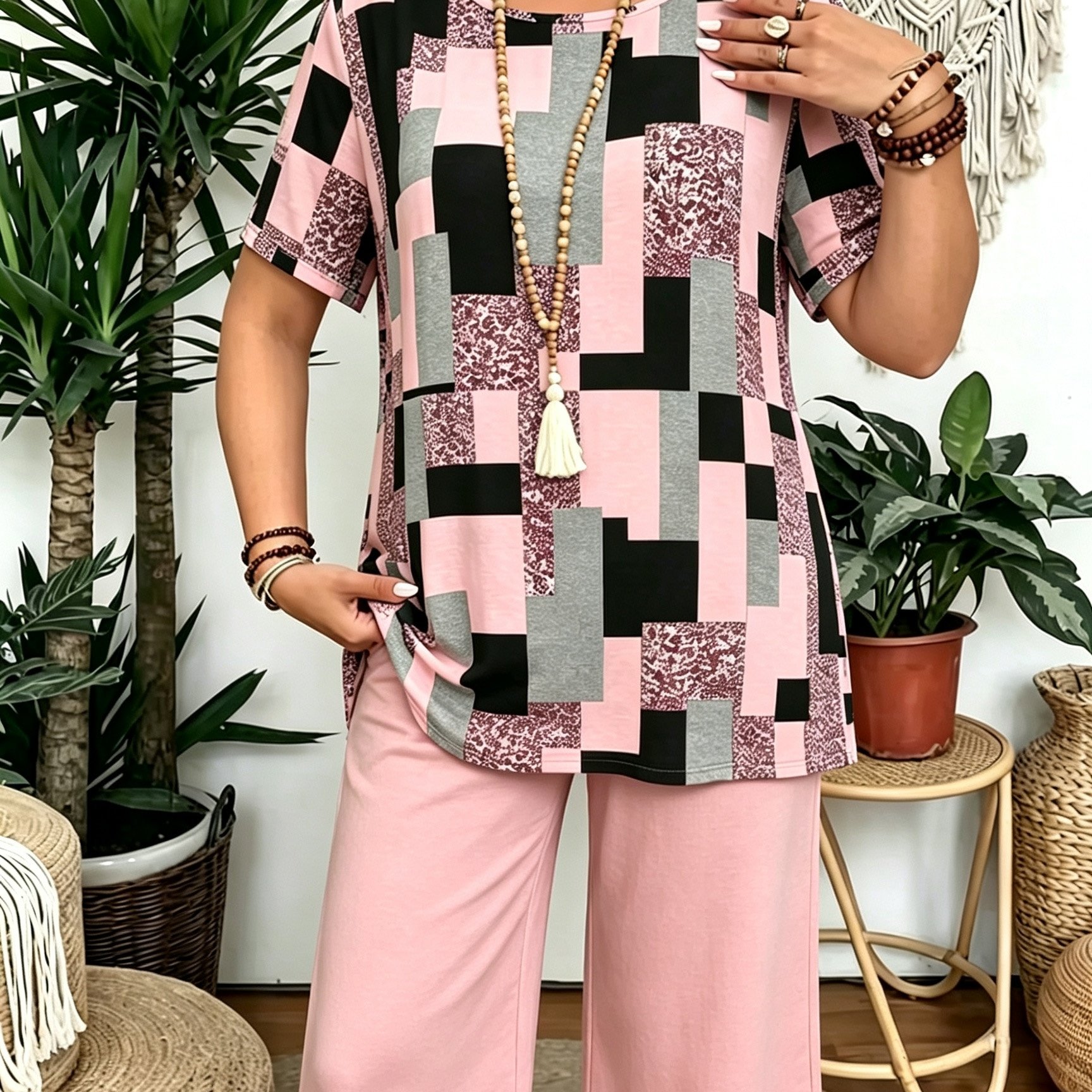 TEMU Plus Size, This Large-sized 2pcs Set Features Geometric Pattern Prints. The Loose Top With 5-inch Pants An Elegant And Fashionable Design.