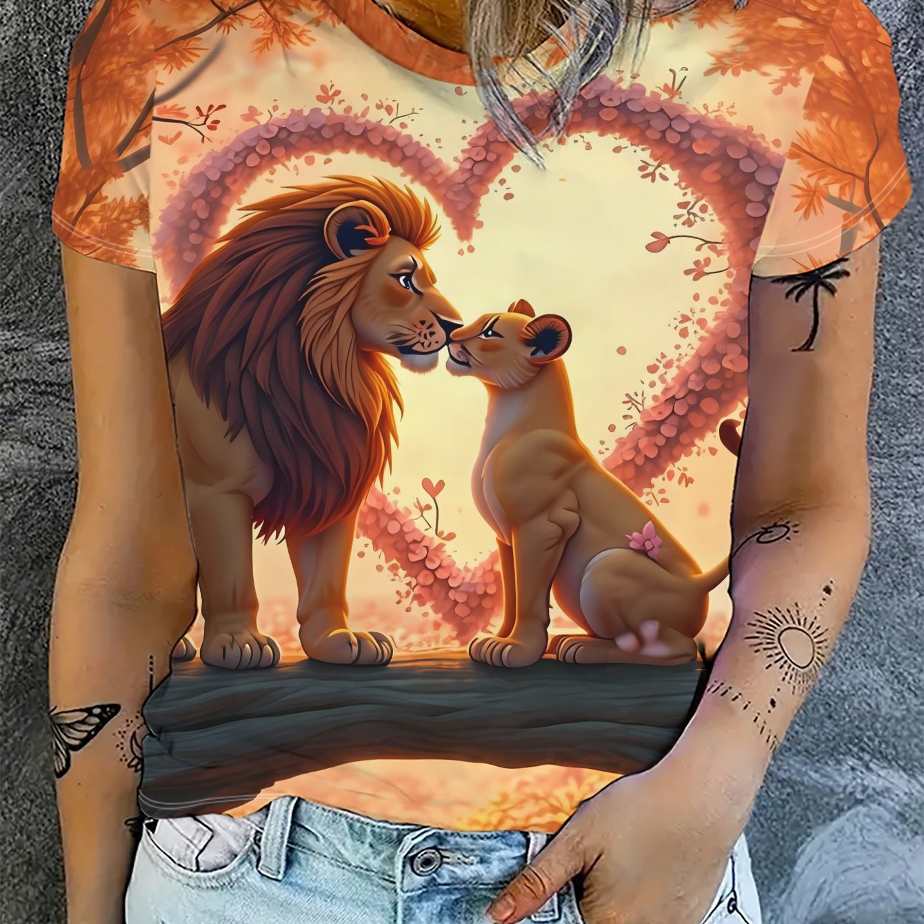 TEMU Women's Fashion Casual Short-sleeve T-shirt With Cute Lion And Heart Print, Regular Fit Polyester