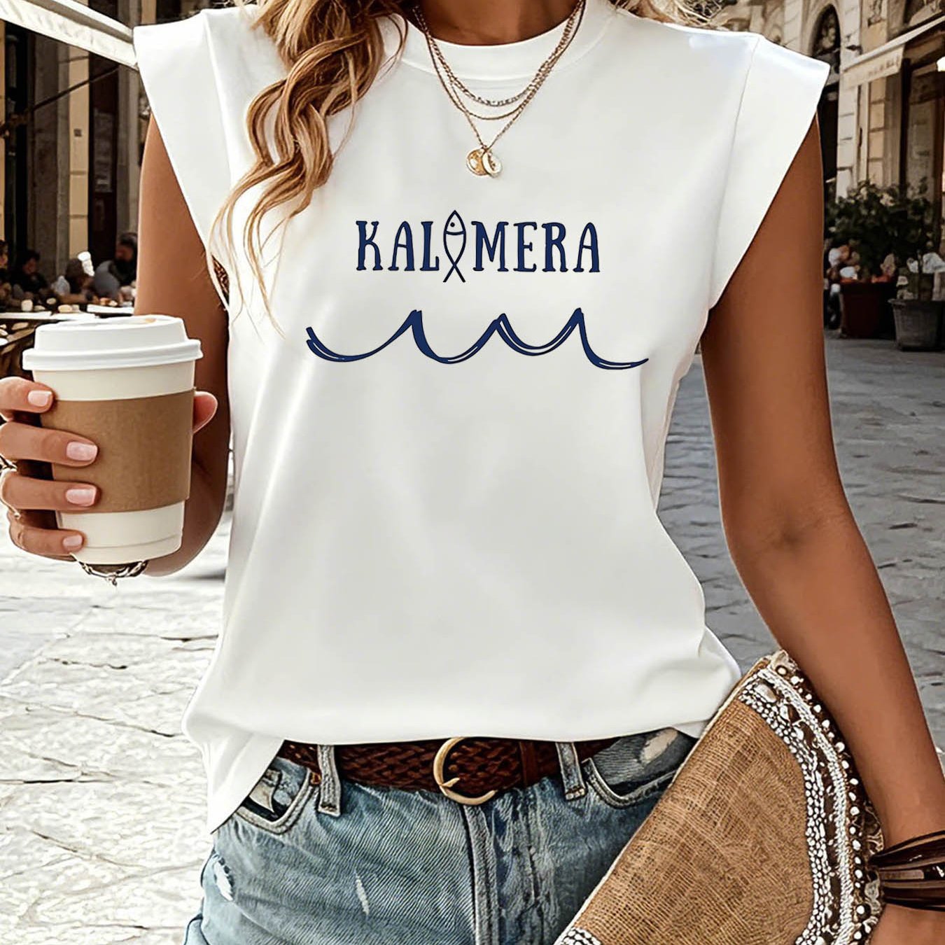 TEMU Kalimera Greek Women's Crew Neck Sleeveless T-shirt, Mediterranean Print, Casual Summer Top