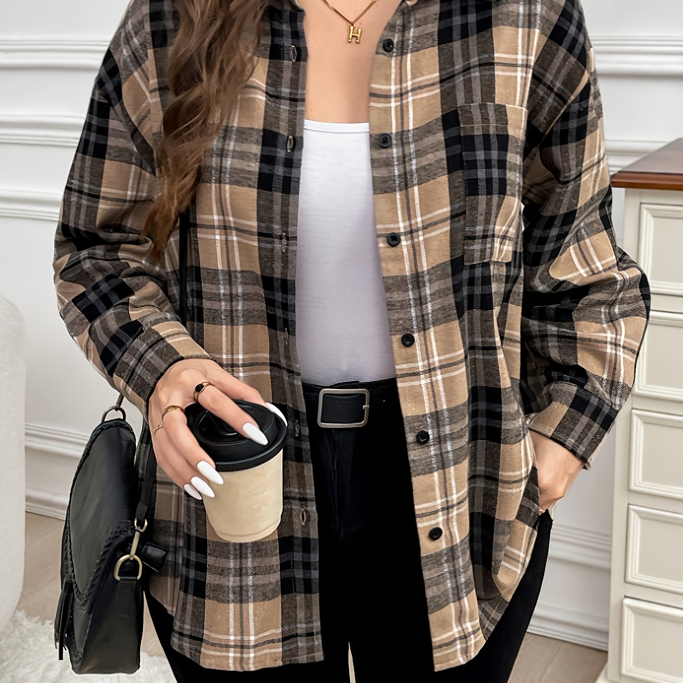 TEMU Plus Size, European And American Autumn Plus Size New Random Print Long Sleeve Elegant Casual Top Shirt