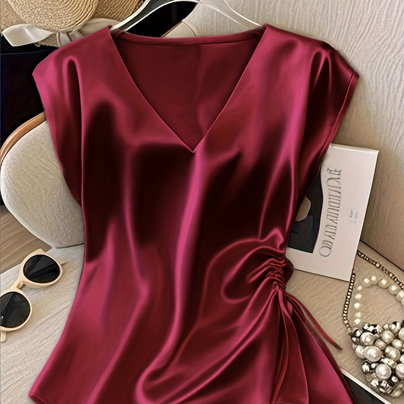 TEMU Blusa elegante para mujer, de satén liso con cuello en V y fruncido
