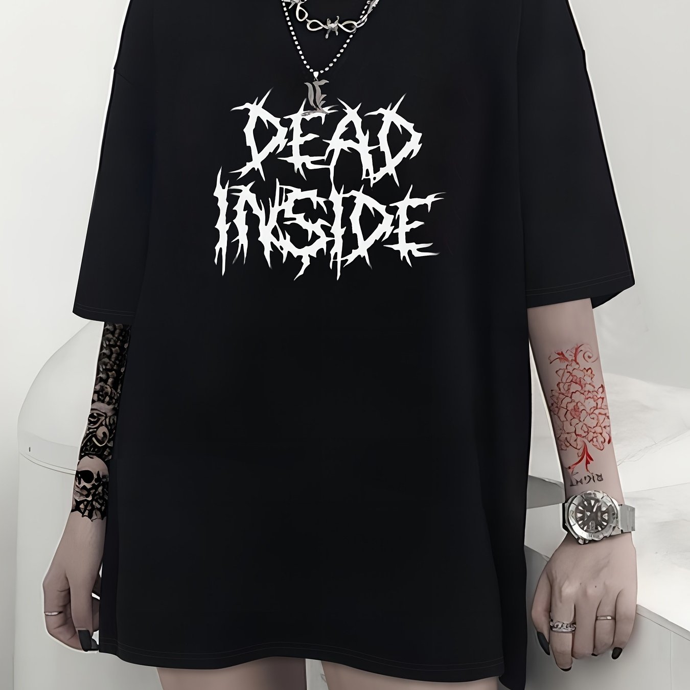 TEMU Men's Gothic Style Graphic T Shirt Relaxed Round Neck Short Sleeves Machine Washable Garde Casual Top Designed For And Throughout The Yearsame