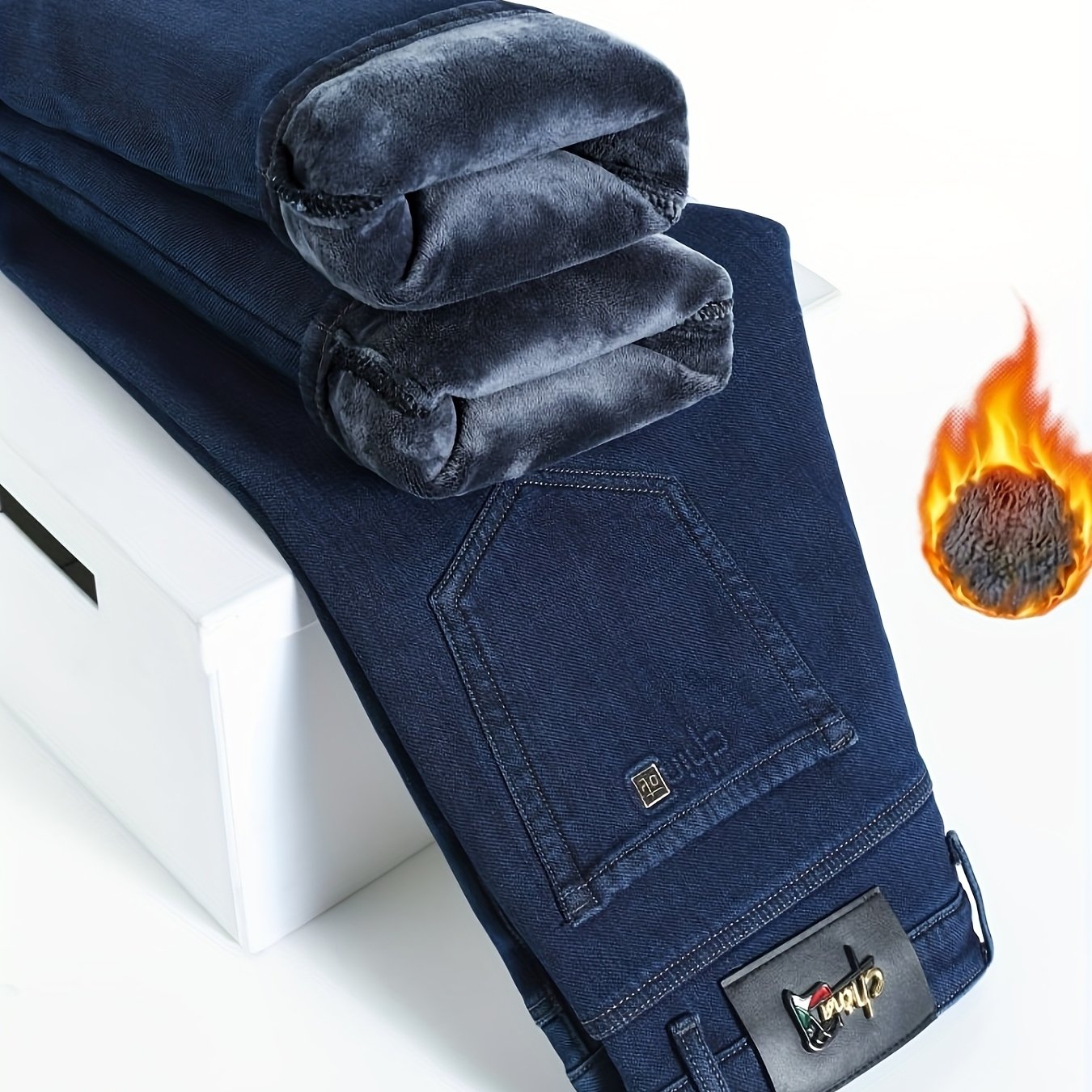Winter Regular Warm Fleece-lined Work Casual Men's Jeans, Autumn Menswear