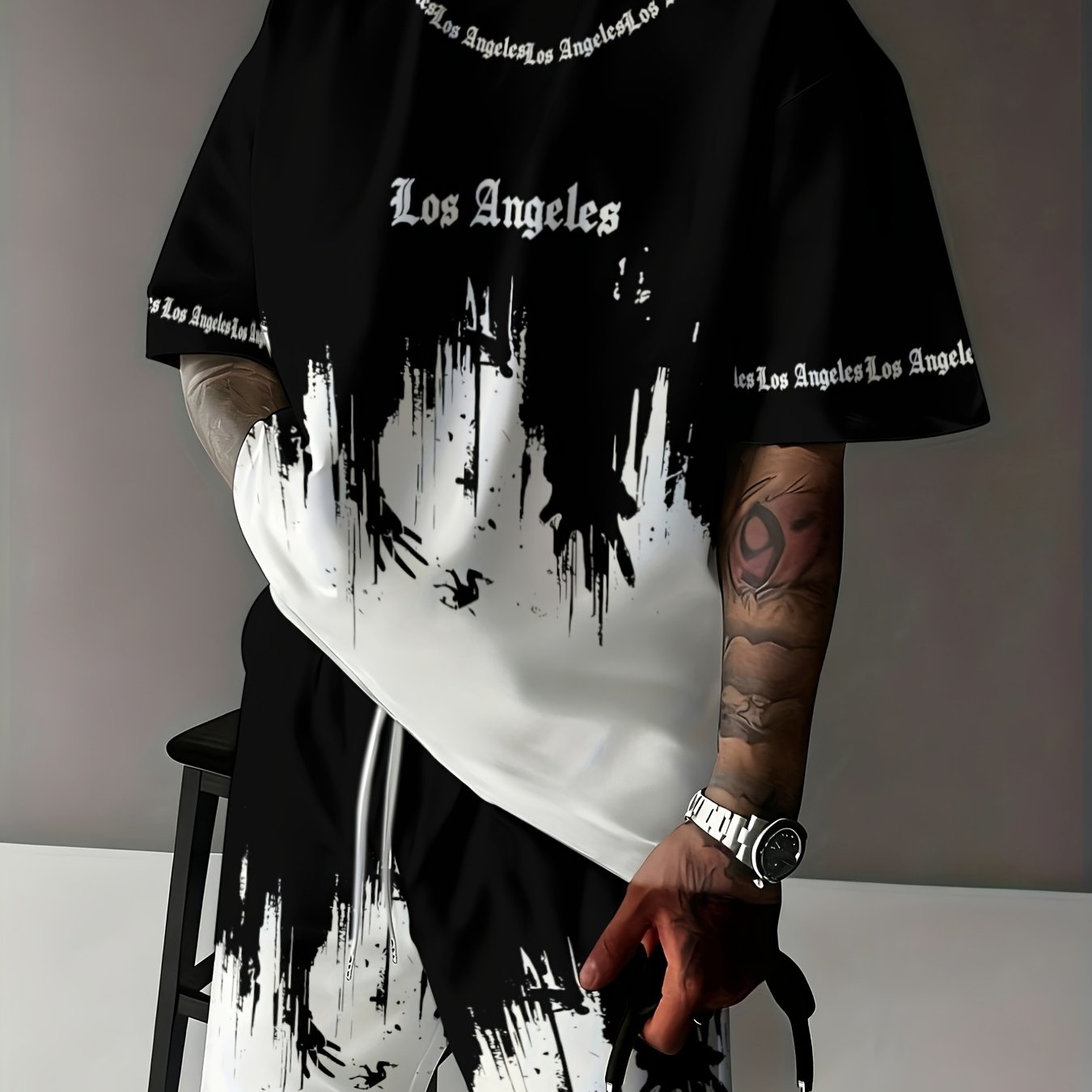 TEMU Top And Bottom Gradient Black And White Graffiti Texture Retro English Slogan Round Neck Short T-shirt Drawstring Bermuda Shorts Set Hip-hop