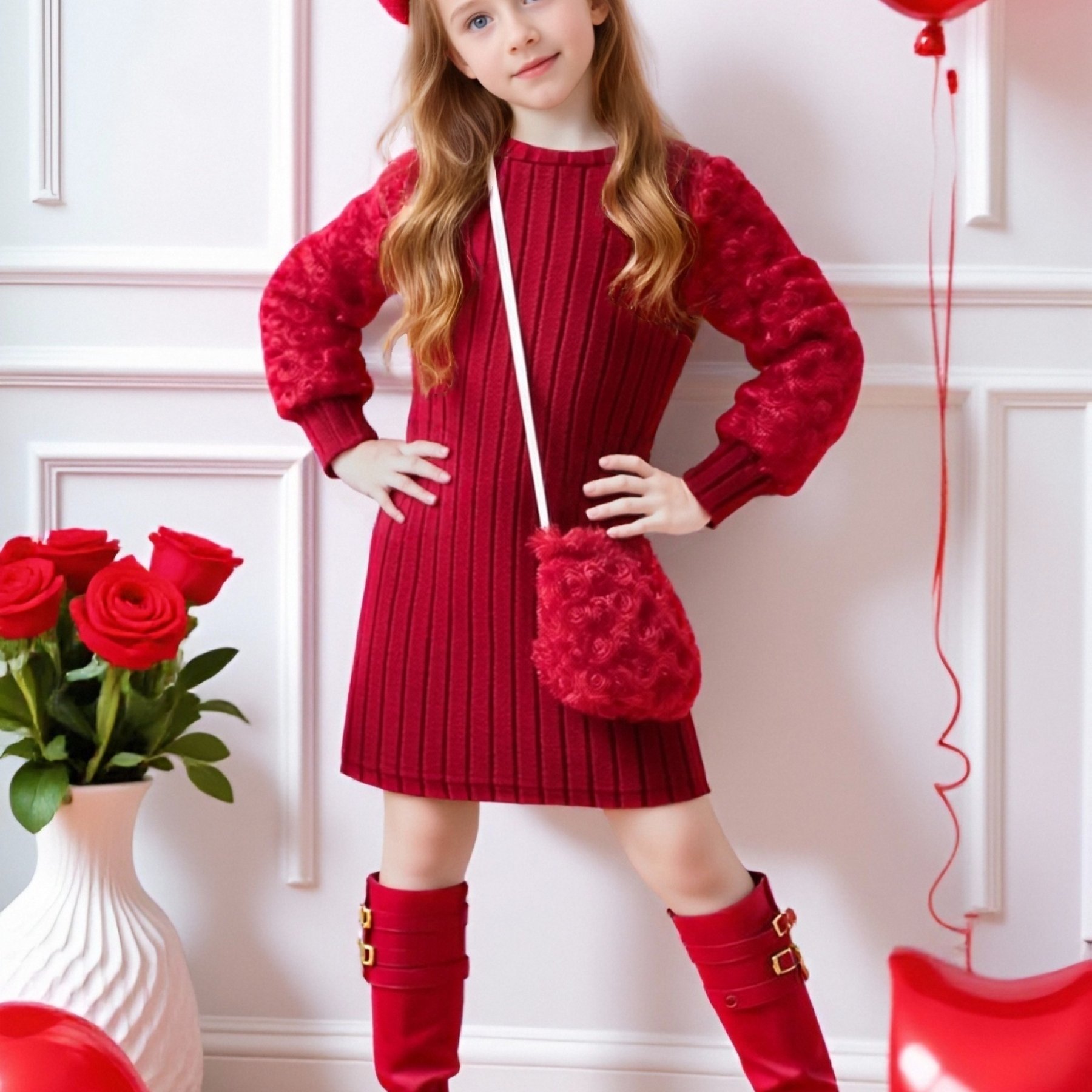 Image of Girl's Elegant Round Neck Fuzzy Bag Dress, One-piece Long Sleeve Dress With Plush Ribbed Fabric, Sleeves And Bag With Pattern Fuzz, Suitable For Spring, Autumn, And Winter Outdoor Casual Wear