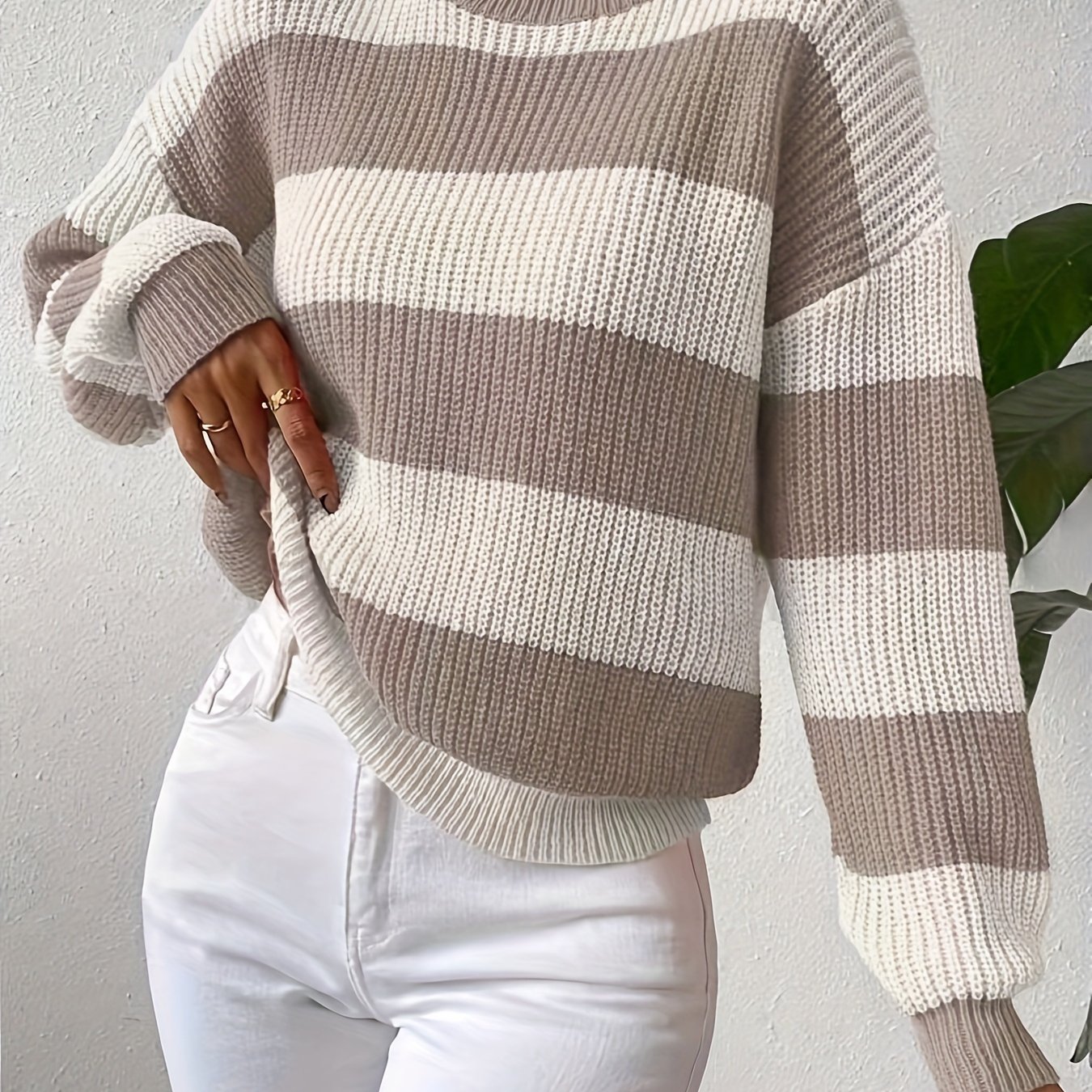 Image of Women's Elegant Striped Sweater - Soft Round Neck Long Sleeve Winter Blouse, Cozy Loose Fit Sweaters For Fall/winter, Casual & Semi-formal Wear (suitable For Clothing Styles)