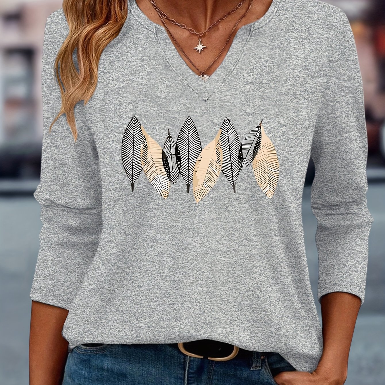 TEMU Top casual de mujer con estampado de hojas, y versátil, para y otoño, con cuello en V y