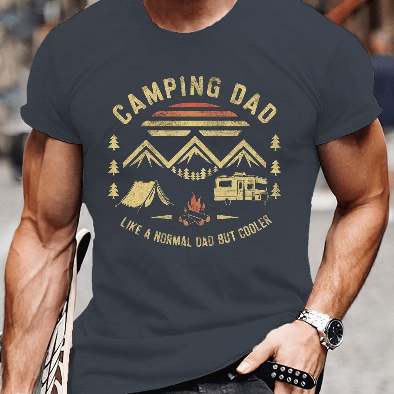 TEMU T-shirt imprimé "Papa Camping", un style respirant et tendance pour homme, haut simple et léger, confortable, t-shirt décontracté à col rond et