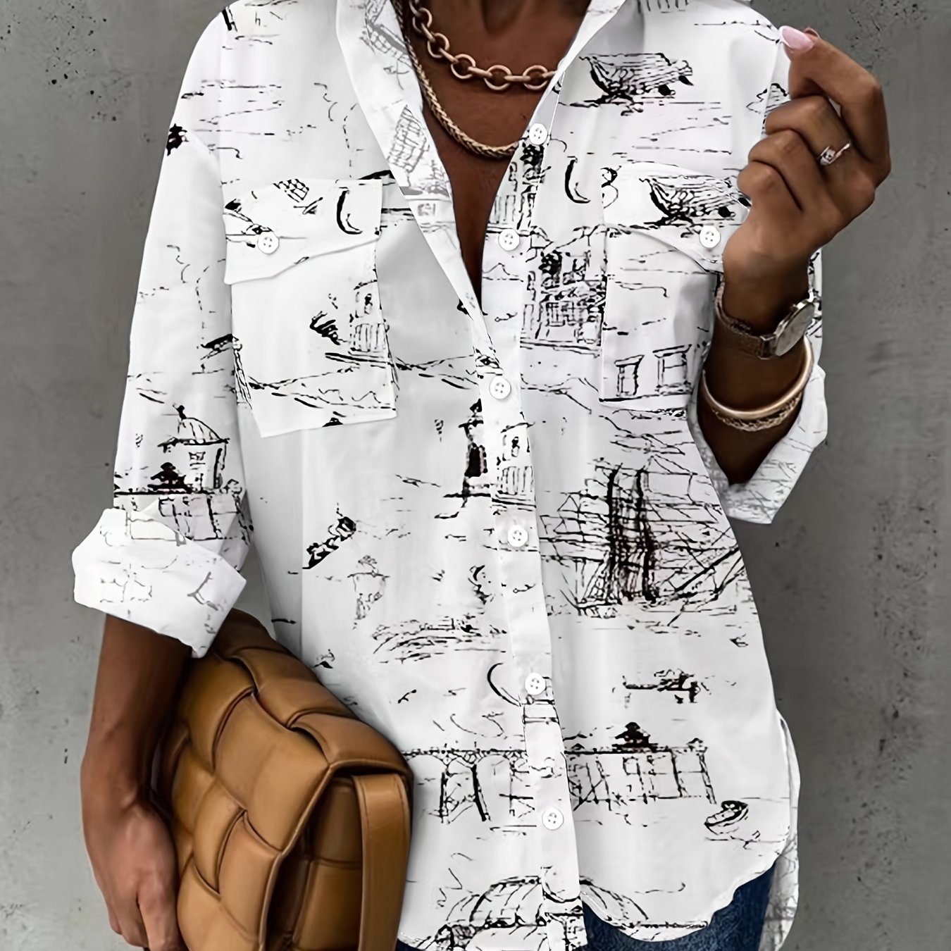 Plus Size - Plus Size - Scenic Long Sleeve Shirt With Pockets