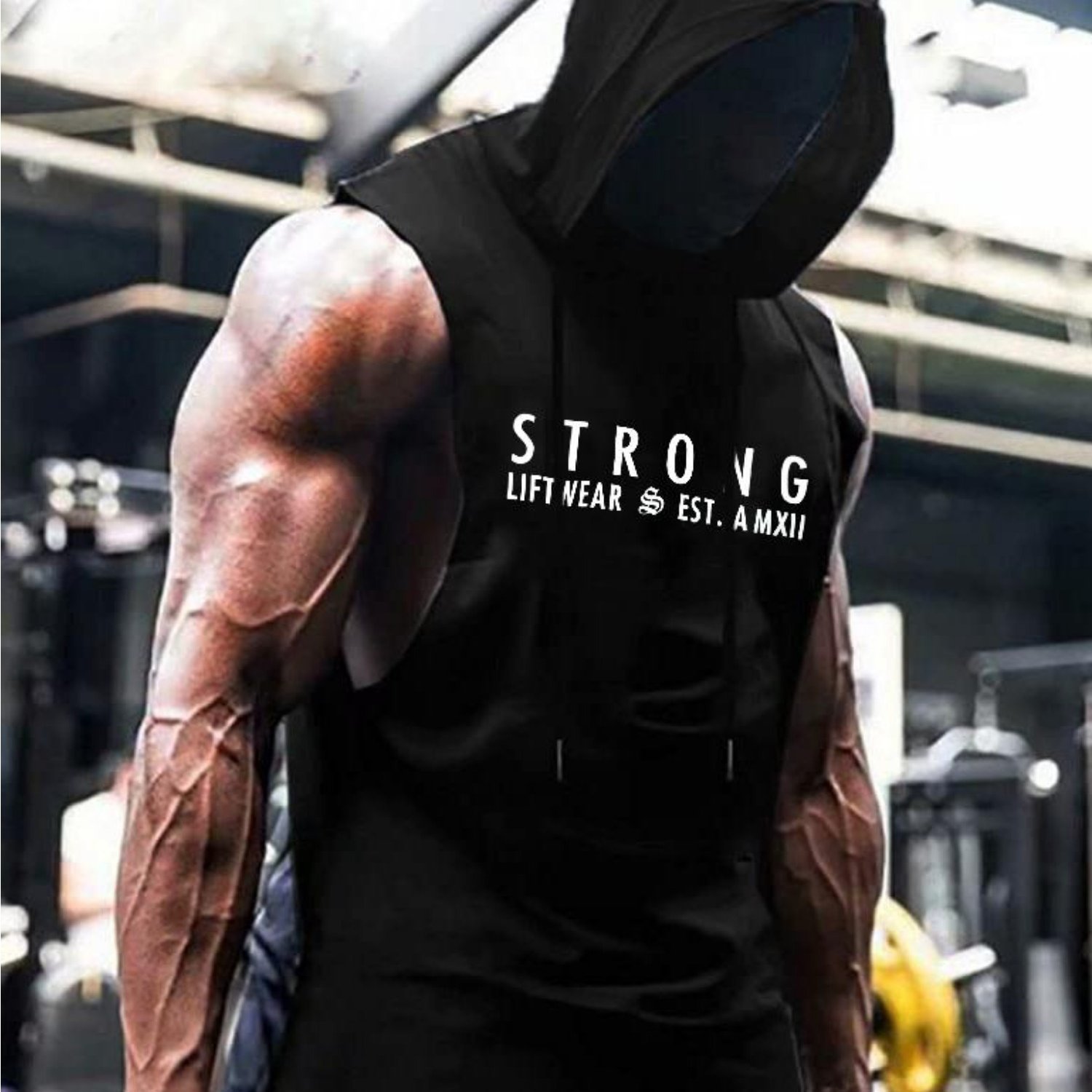Image of Men's Sleeveless Hooded Workout Tank Top - Strong Printed Breathable Gym Fitness Shirt