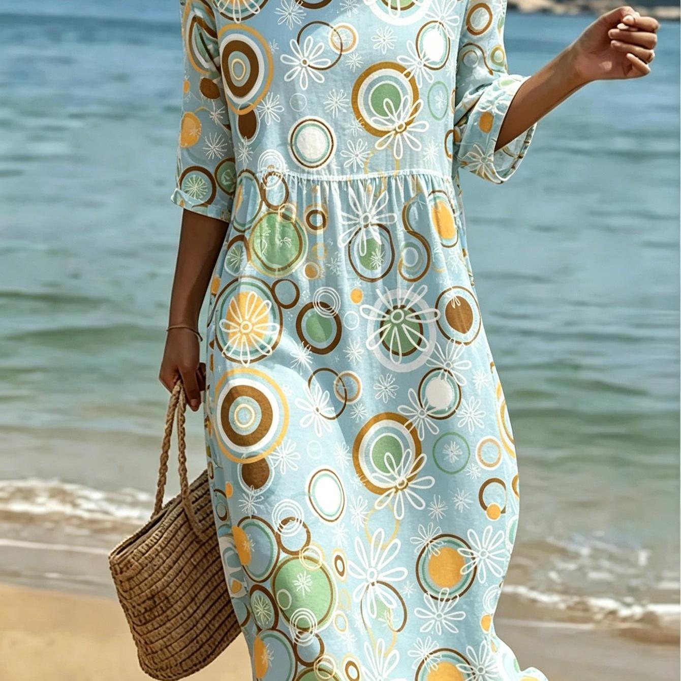 Image of Plus Size - New Arrival Plus Size Round Neck Sleeve Midi Dress Round Neck Loose Sleeve Straight Loose Base Brown Ring Circle White Tiny Floral Geometric Print Vacation Casual Wear