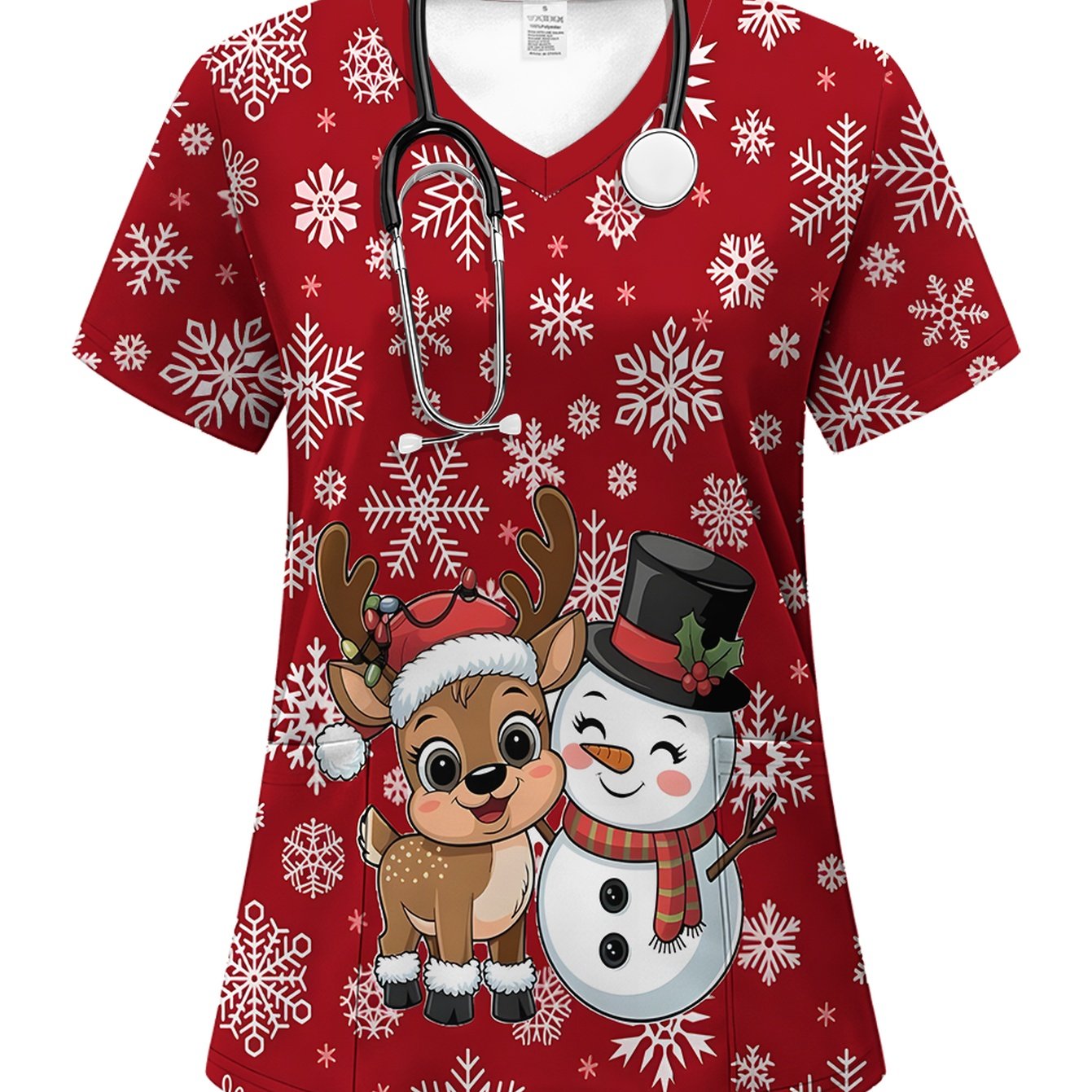 TEMU Fashion V-neck Top, Snowflake Background Christmas Snowman And Reindeer Pattern Printed Short Sleeve Top, Women's Fashion Trendy Nurse Work Top,
