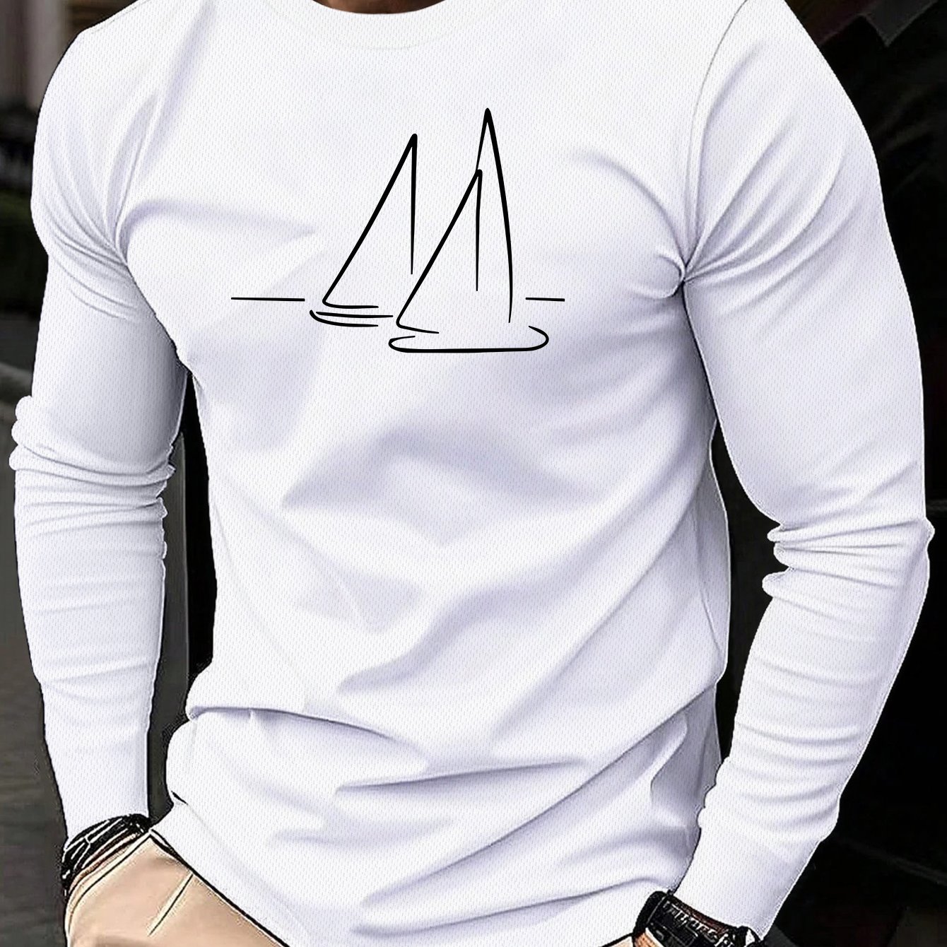 TEMU Men's Quick-dry T-shirt With Sailboat Graphic Print - Long-sleeve Breathable Round Neck Tee, Suitable For Fitness, Nautical Casual Wear &