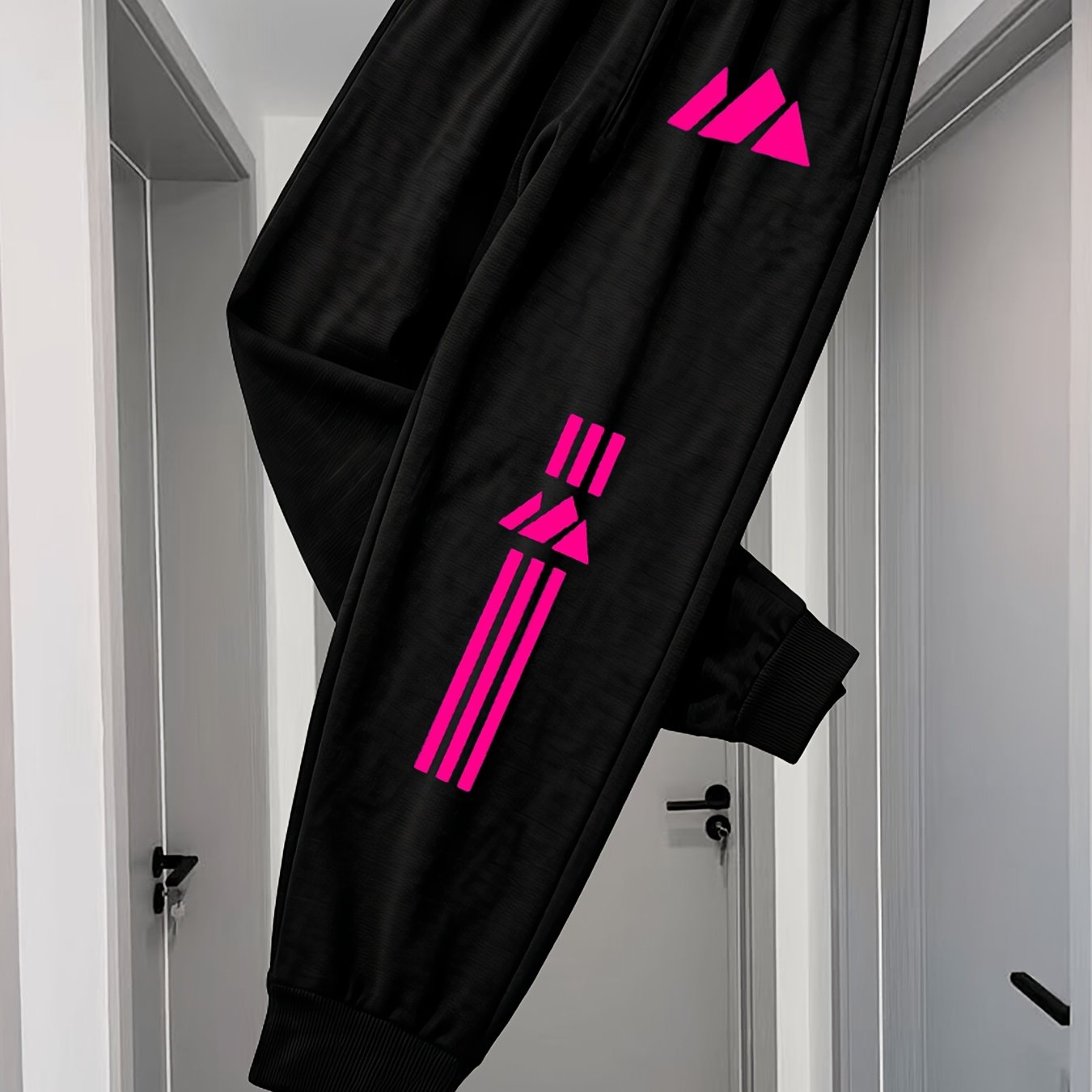 TEMU Casual Sports Pants, Unisex Loose Fit Joggers With Pink Three-stripe Print, Comfortable And Breathable Long Pants