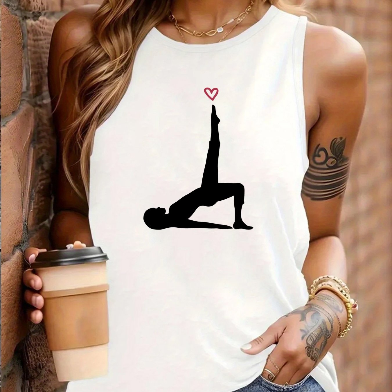 TEMU 1pc | Casual | Popular Yoga Tank Top With Heart Print For Women, Sleeveless, Versatile Round Neck Top, Y2k Style, Machine Washable, Suitable For
