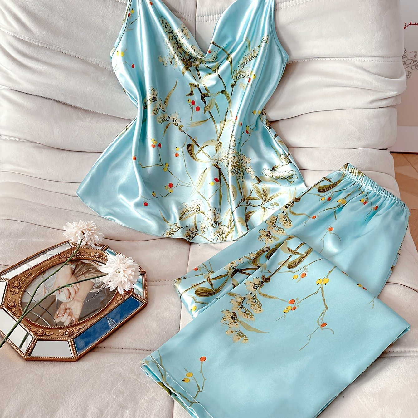 TEMU Sweet Floral Comfortable Casual Neck Pajama Set