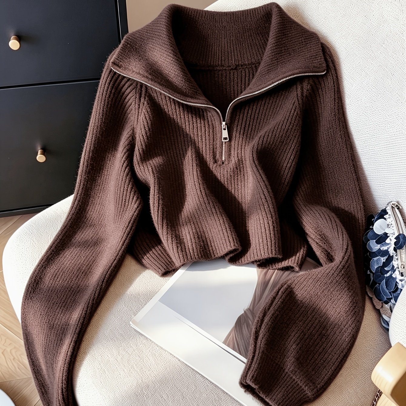 TEMU 1pc French Style Pullover Zipper Short Thick Warm Autumn Winter Sweater, Elegant Casual Gentle High-waist Short Half-zip Pullover Solid Color