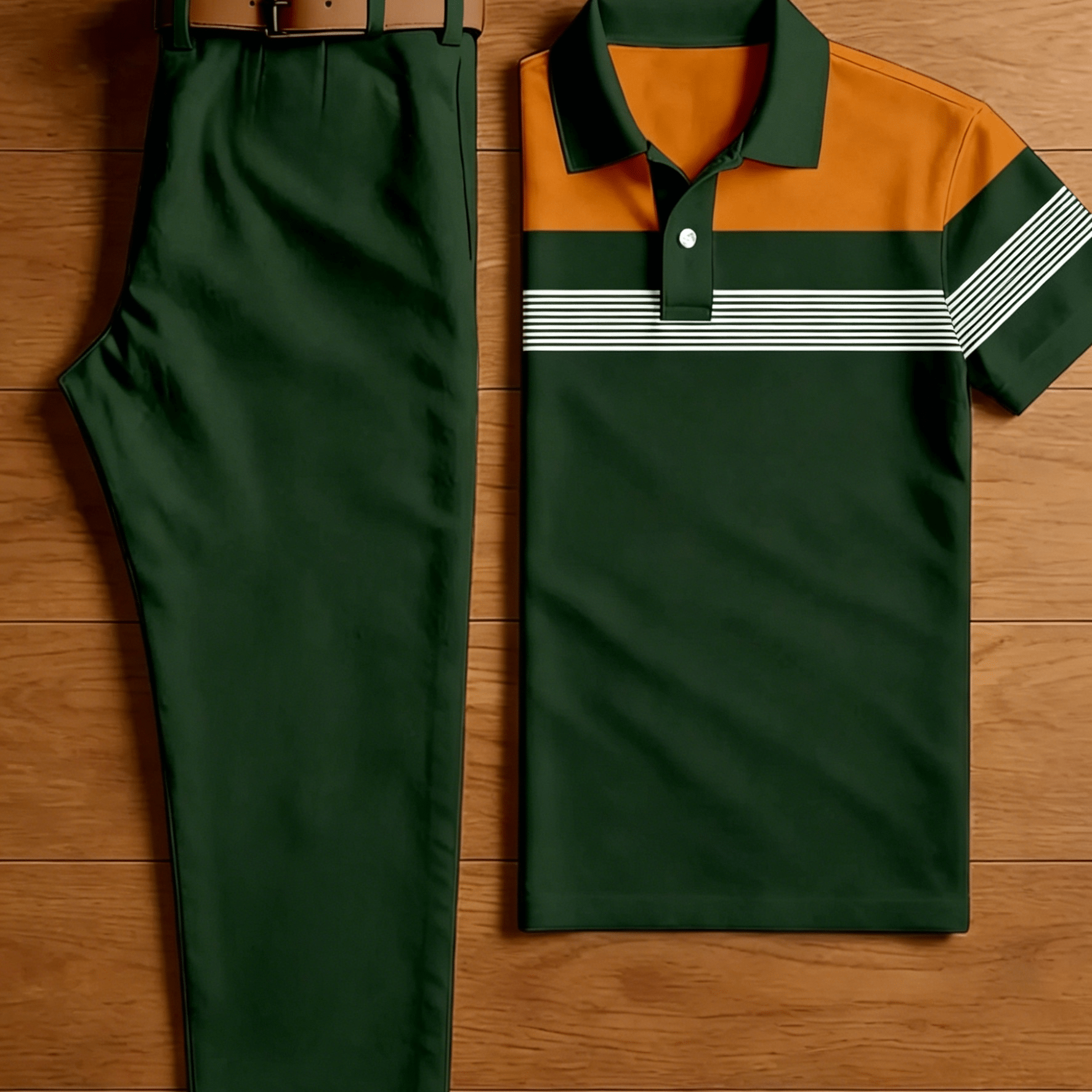 Men's 2pcs Casual Outfit Set, Orange Dark Green Chest Multi Thin White Stripe Short Sleeve Shirt And Solid Dark Green Straight Leg Chino Pants, Summer Business Golf Daily Matching Suit