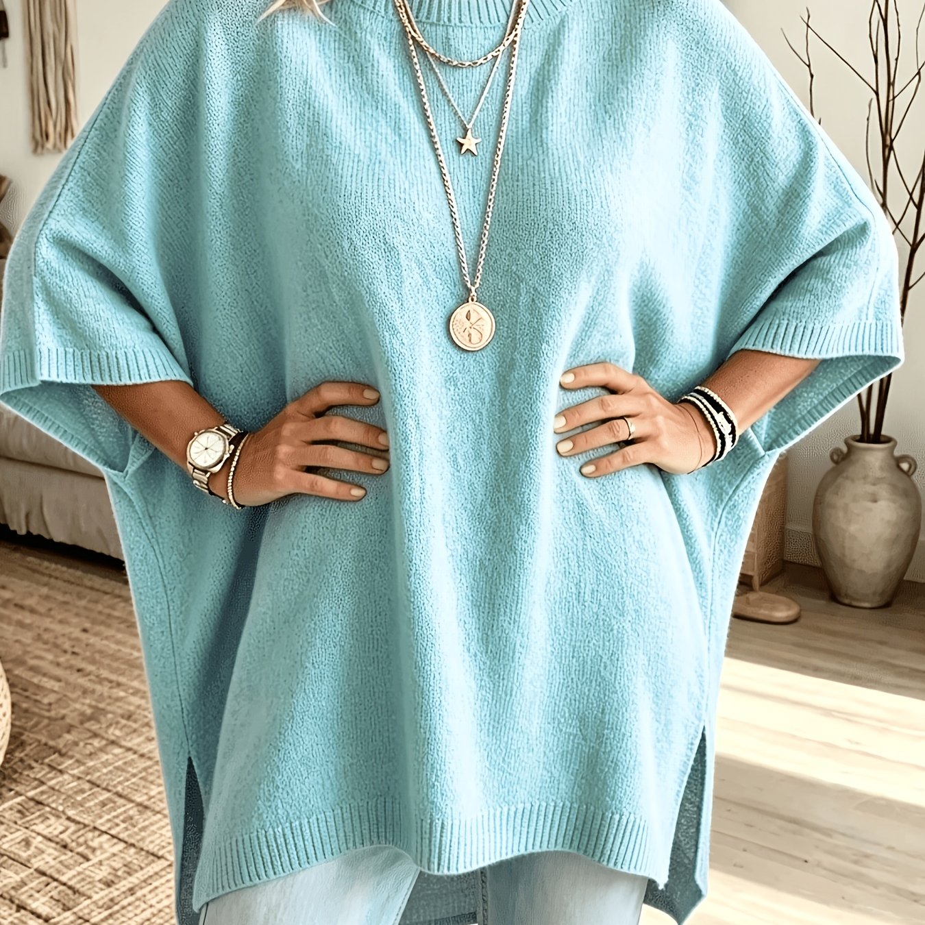TEMU Women's Oversized Batwing Sleeve Sweater, Soft Round Neck Design, Loose Fit, Lightweight Shawl Style Pullover With Side Slits, Suitable For
