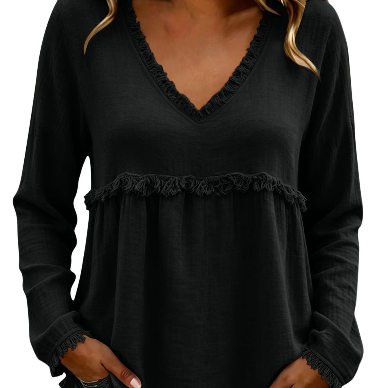 Image of Women' Blouse Soft Breathable Long Sleeve Blouse Pullover Top - Fringe Ruffle Hem Relaxed H-line Silhouette, Solid Color Casual Shirt Suitable For Daily , Office, , Wardrobe Essential