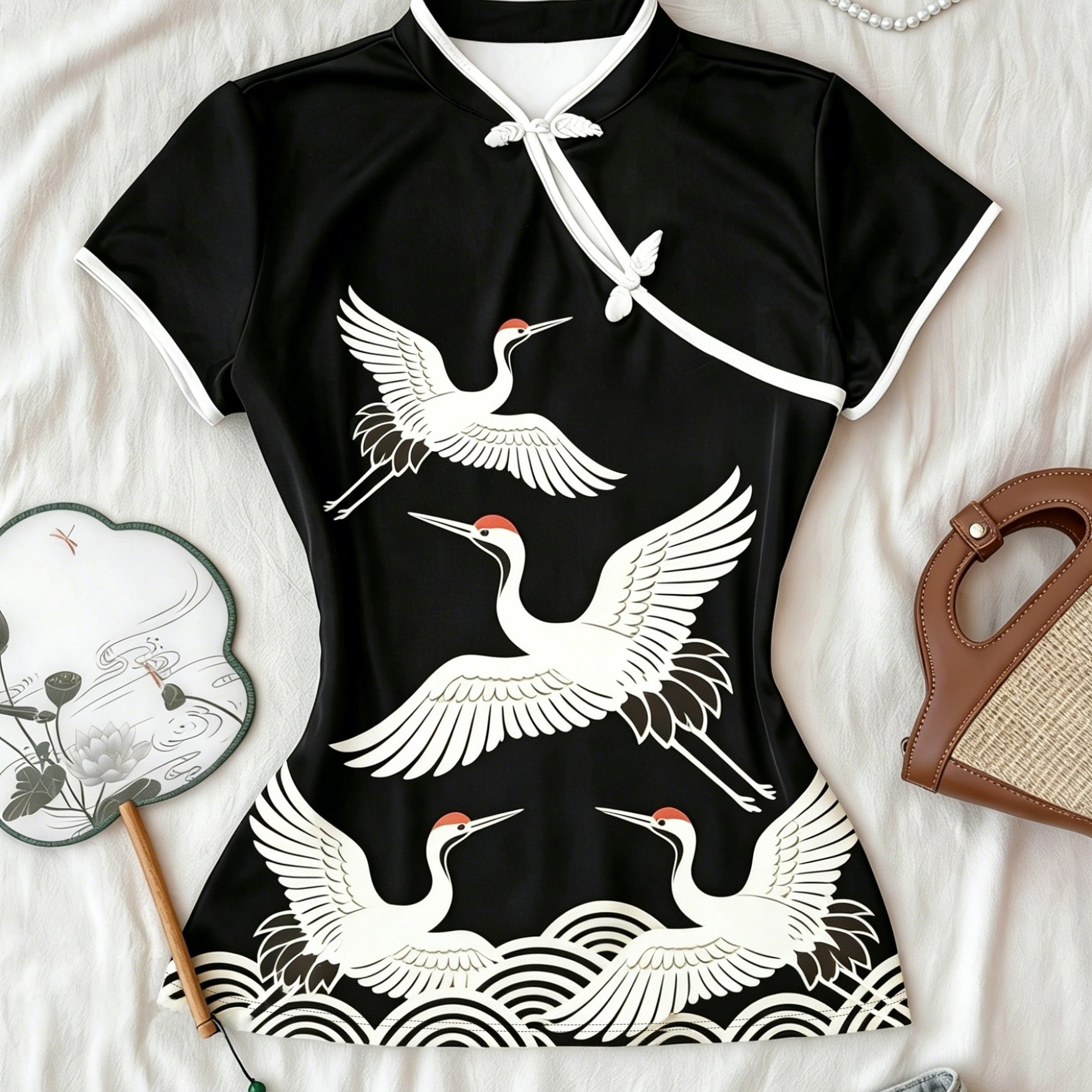 TEMU Chinese-style Printed Color- Collar Button-up Cheongsam-style Short-sleeve Slim-fit T-shirt Top For Women