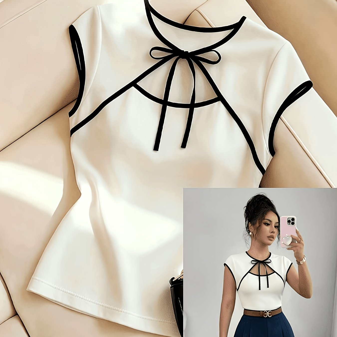 TEMU Women's Summer Elegant Color-block Tie Front Hollow Short Sleeve T-shirt