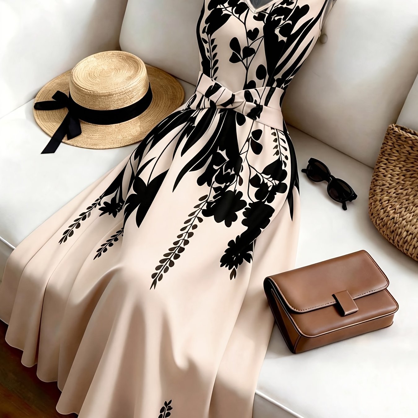 TEMU Women's Fashionable Casual Sleeveless Simple Printed Dress, Waist-cinching Flared Skirt, Suitable For Summer , Spring-summer Commuting, Home,