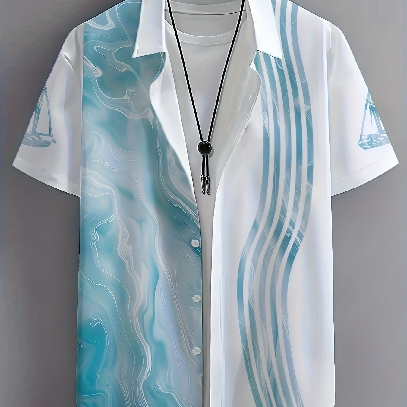 TEMU Hawaiian Wavy Print Men's Shirt, Turquoise Blue Geometric Pattern, Short Sleeve, Lapel, Casual Beachwear, Vacation Outfit | Hawaiian Shirt