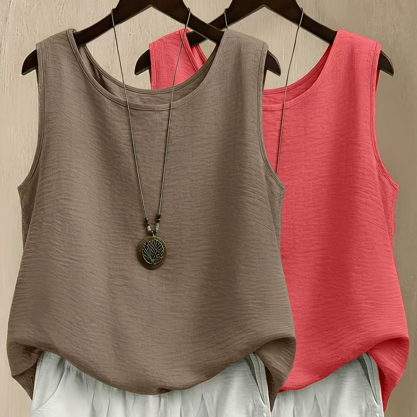 TEMU Plus Size - 2pcs Set Plus Size Women's Casual Solid Round Neck Sleeveless Top