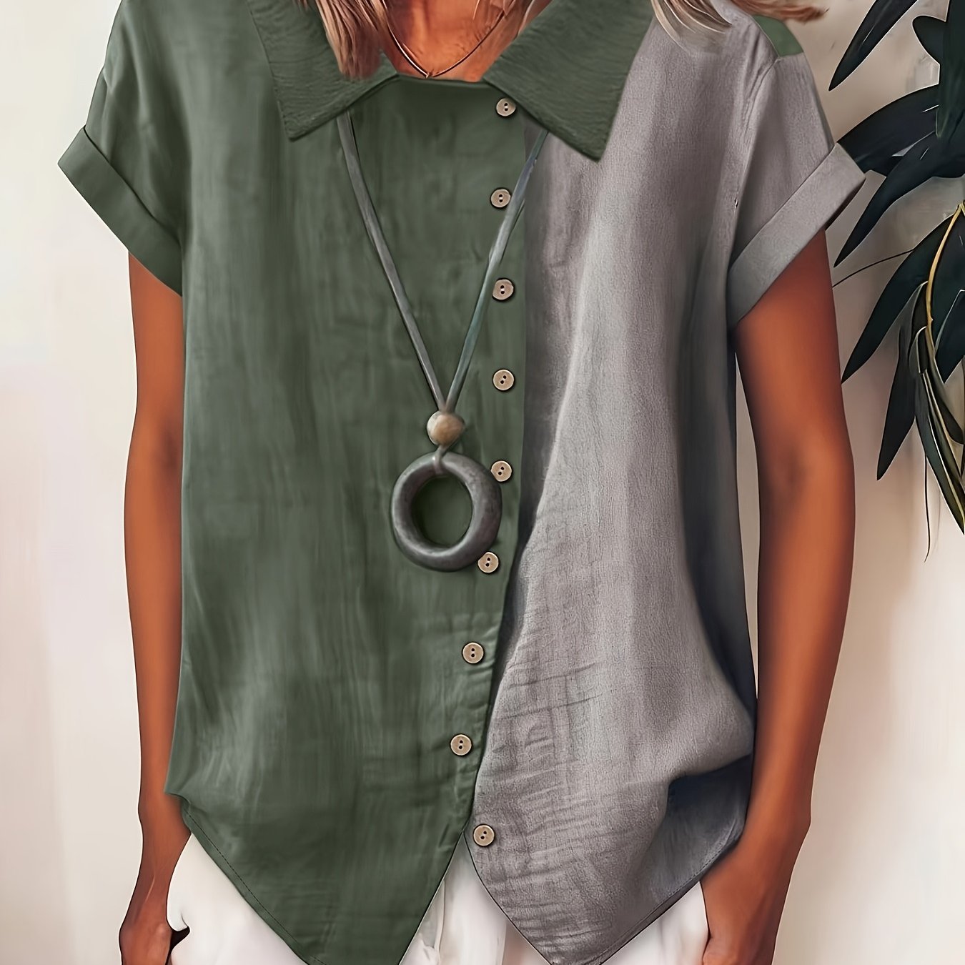 TEMU Camicia da donna casual stile a , top elegante con , maniche corte e irregolare con bottoni