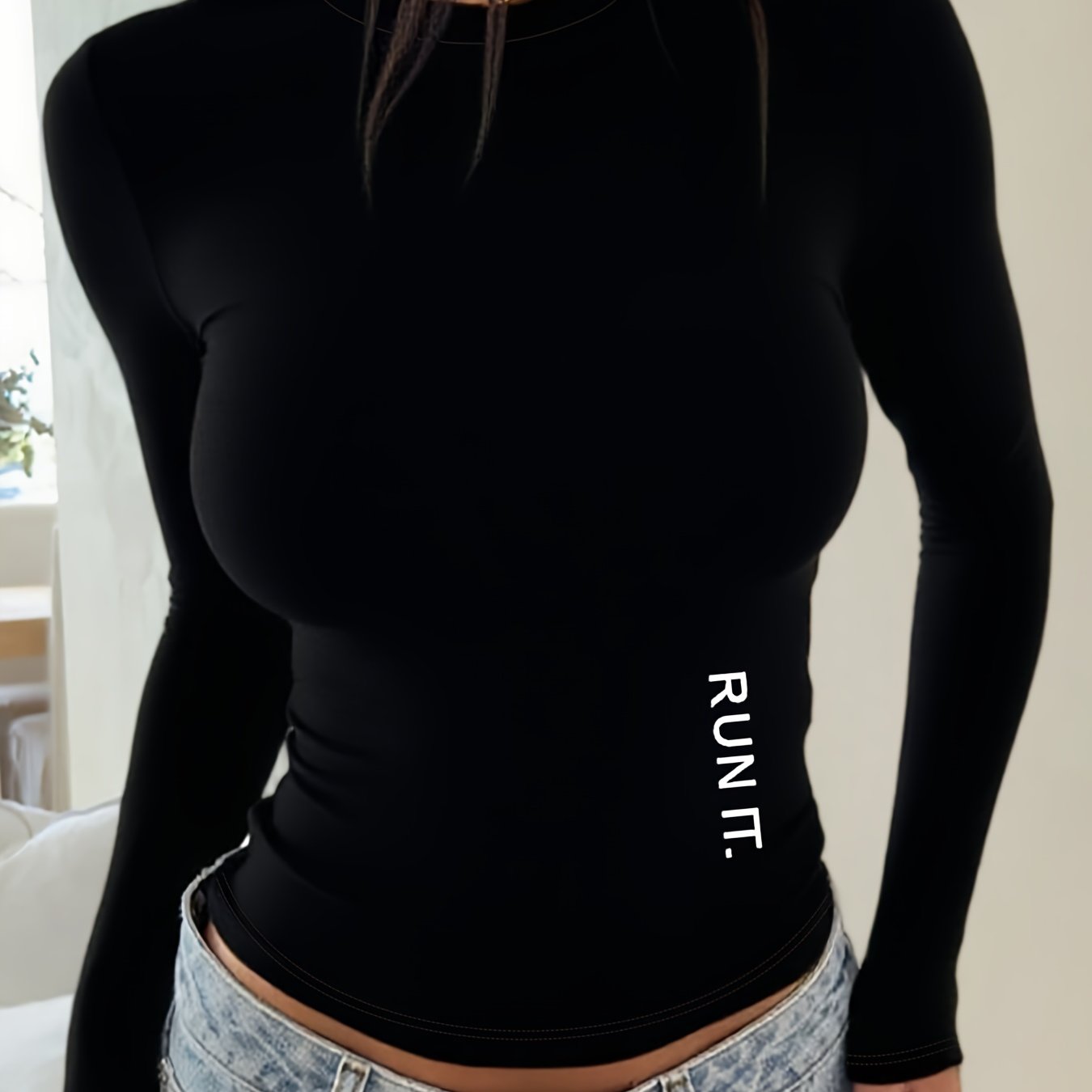 TEMU Letter Pattern 2d Printed T-shirt, Fitted Long Sleeve, Long Style, Seasonal Fashion, Vintage Style, Comfortable Cut, Classic Versatile Piece,
