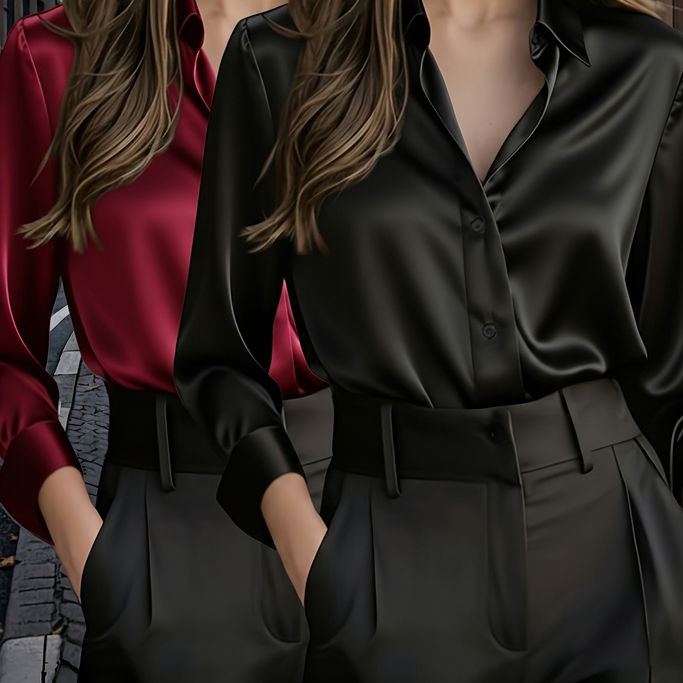 TEMU 2pcs Set Women's Elegant Solid Color Lapel Long Sleeve Shirts | Chic And , Suitable For Work, Dates, And Everyday Use