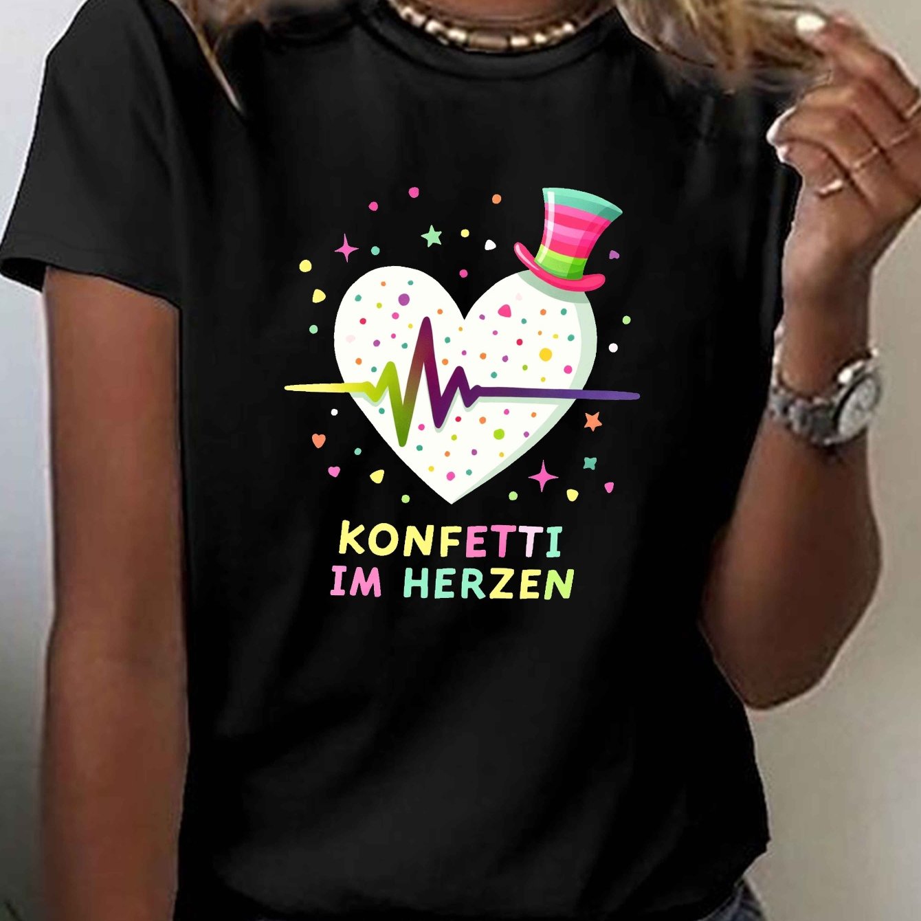 TEMU Women's Confetti Print T-shirt - Short Sleeve Crew Neck Casual Top With Multicolor Heart Patterns, Medium-stretch Fabric Suitable For Summer,