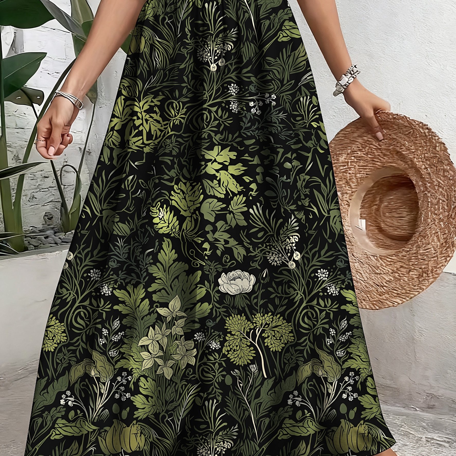 TEMU Plus Size - Plus Size - Elegant Leaves Floral Print Skirt - Casual A-line, Non-stretch Fabric, With Elastic Waistband And Ruffle Hem, Machine