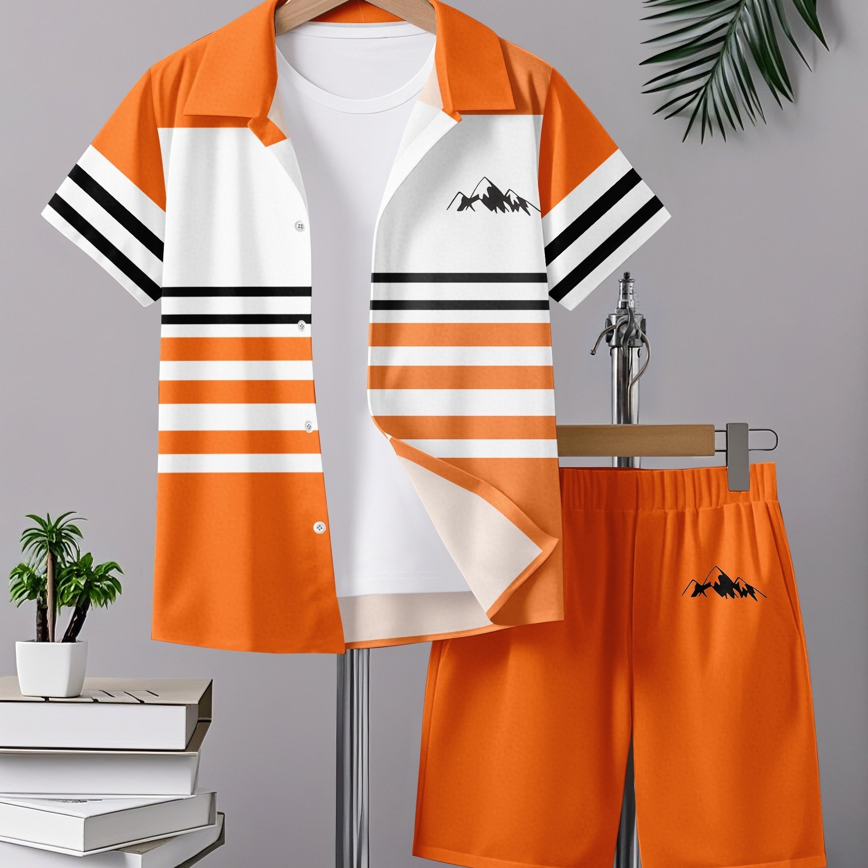 TEMU Boys' Orange And White Striped Short-sleeve Shirt And Shorts Set | Fashionable And Versatile Design, And Vibrant, Suitable For Summer Casual