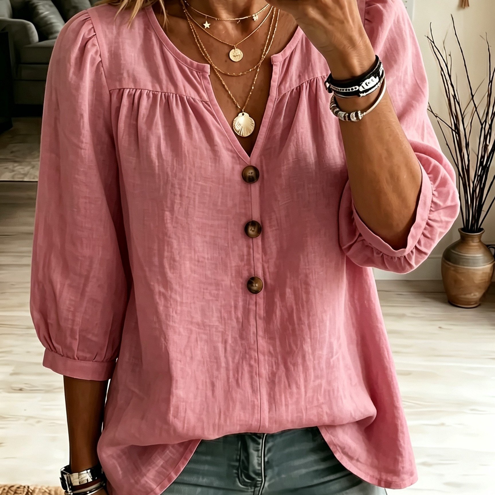 TEMU Loose V-neck Lantern Sleeve Shirt