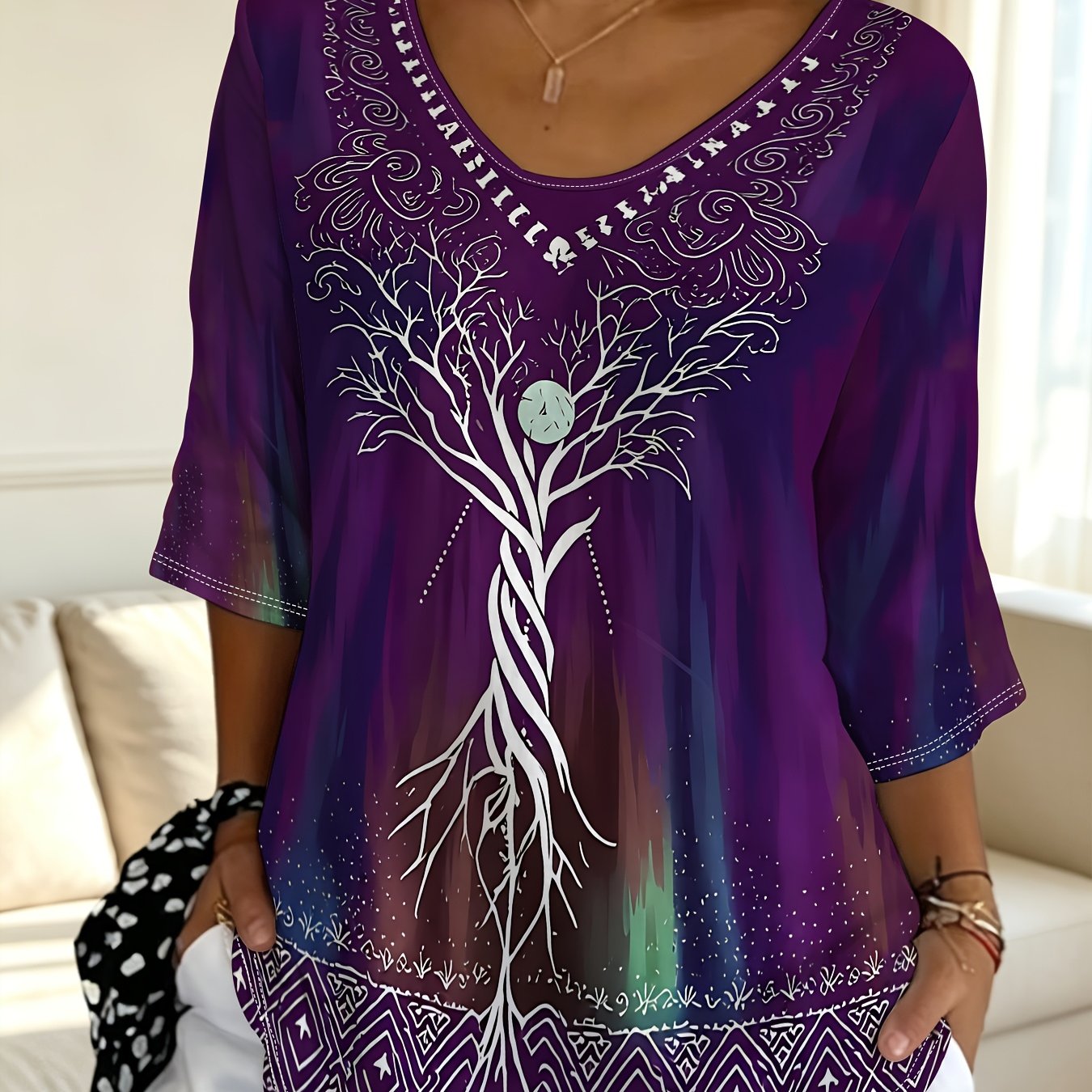TEMU Plus Size - Women'-quarter Sleeve V-neck T-shirt, Tree Of Life Tribal Totem Print, Loose Casual Top, Bohemian Style Spring Summer Pullover