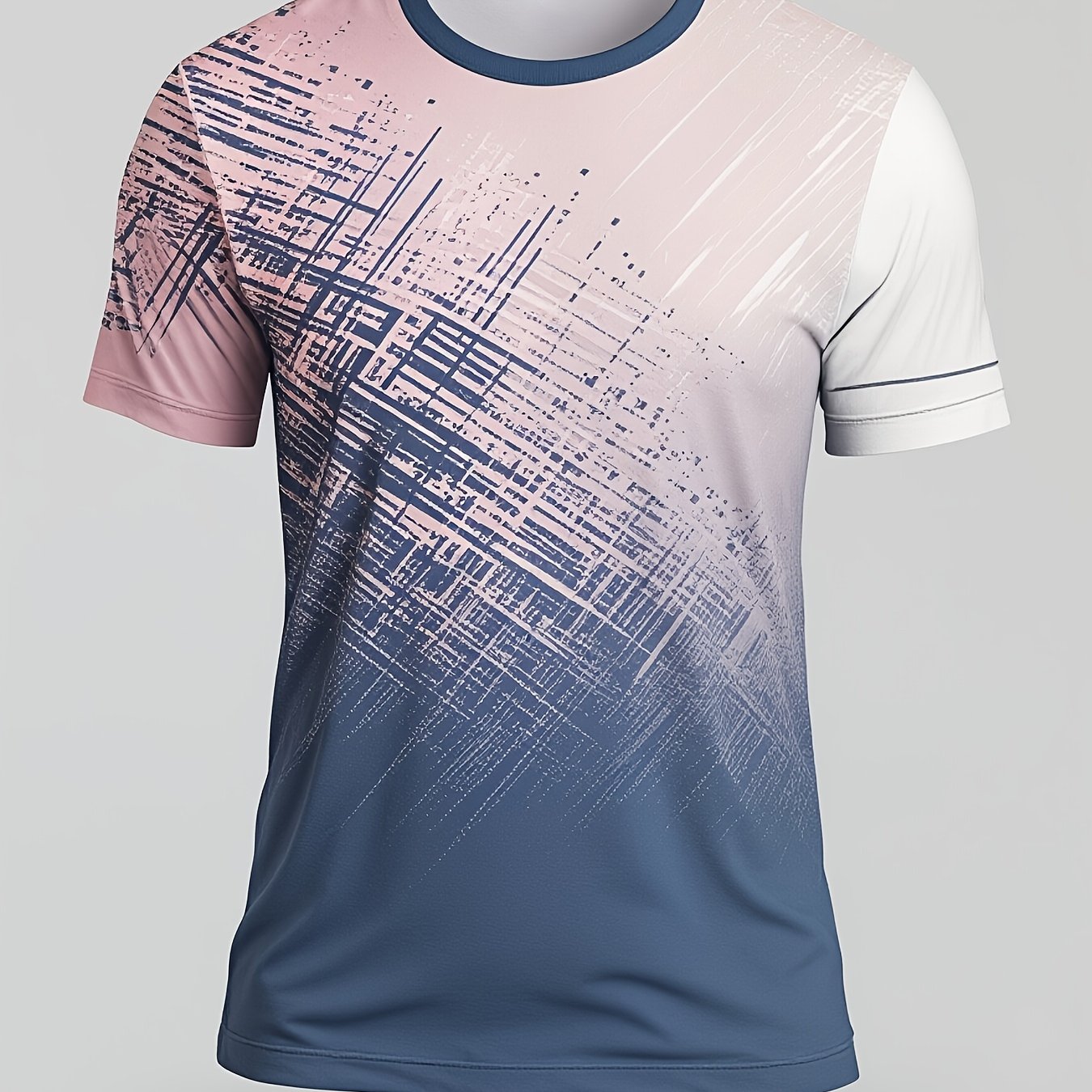 TEMU Gradient Pink & Blue Abstract Line T-shirt - Casual Short Sleeve Round Neck Suitable For, & Casual Attire, Machine Washable Opaque Athletic Top