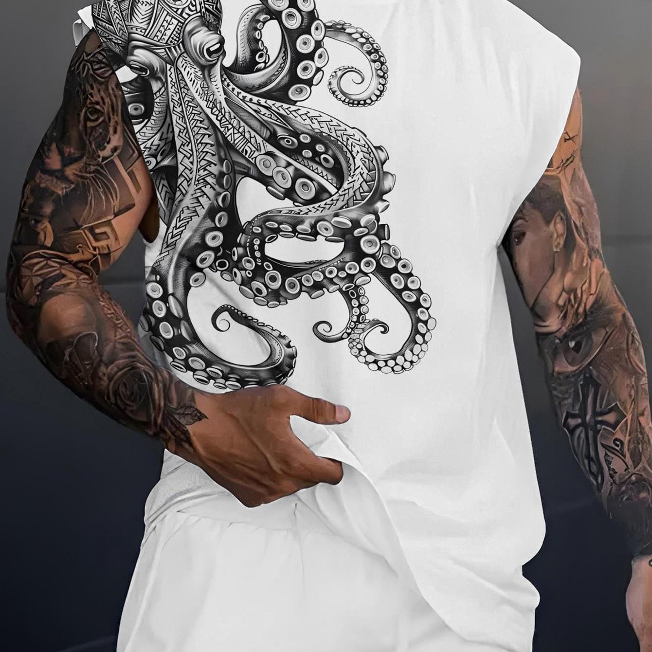 TEMU [print Design - Not Textured] Men's Casual Vest, White Octopus Tentacle Pattern Print, Summer Street Fashion