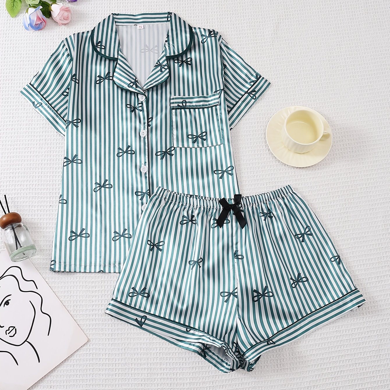 TEMU Women' Striped Bow Print 2pcs Pajama Set, Short Sleeve Cardigan And Elastic Waist Shorts, Comfortable Sleepwear And Casual Loungewear For Spring