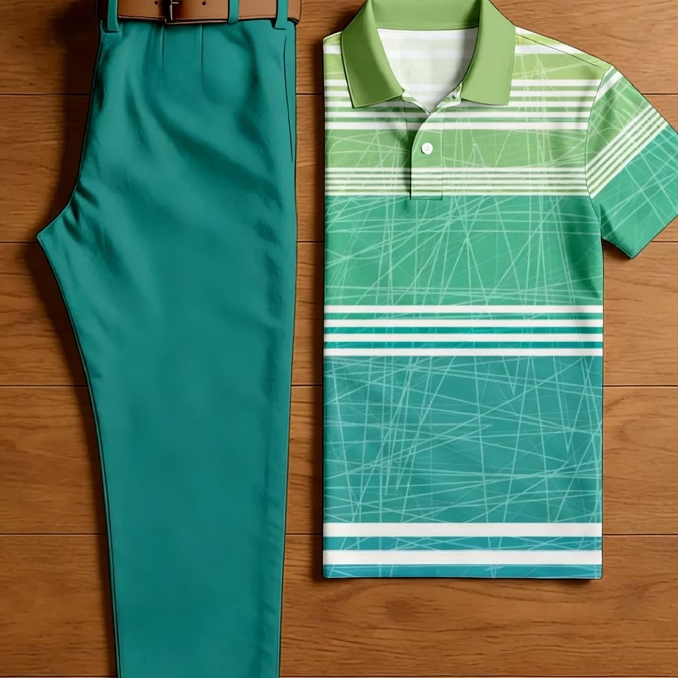 Men's 2pcs Outfit Set, Gradient Green Line Stripe Print Light + Solid Teal Straight Dress Pants, Lightweight Vacation Summer Set