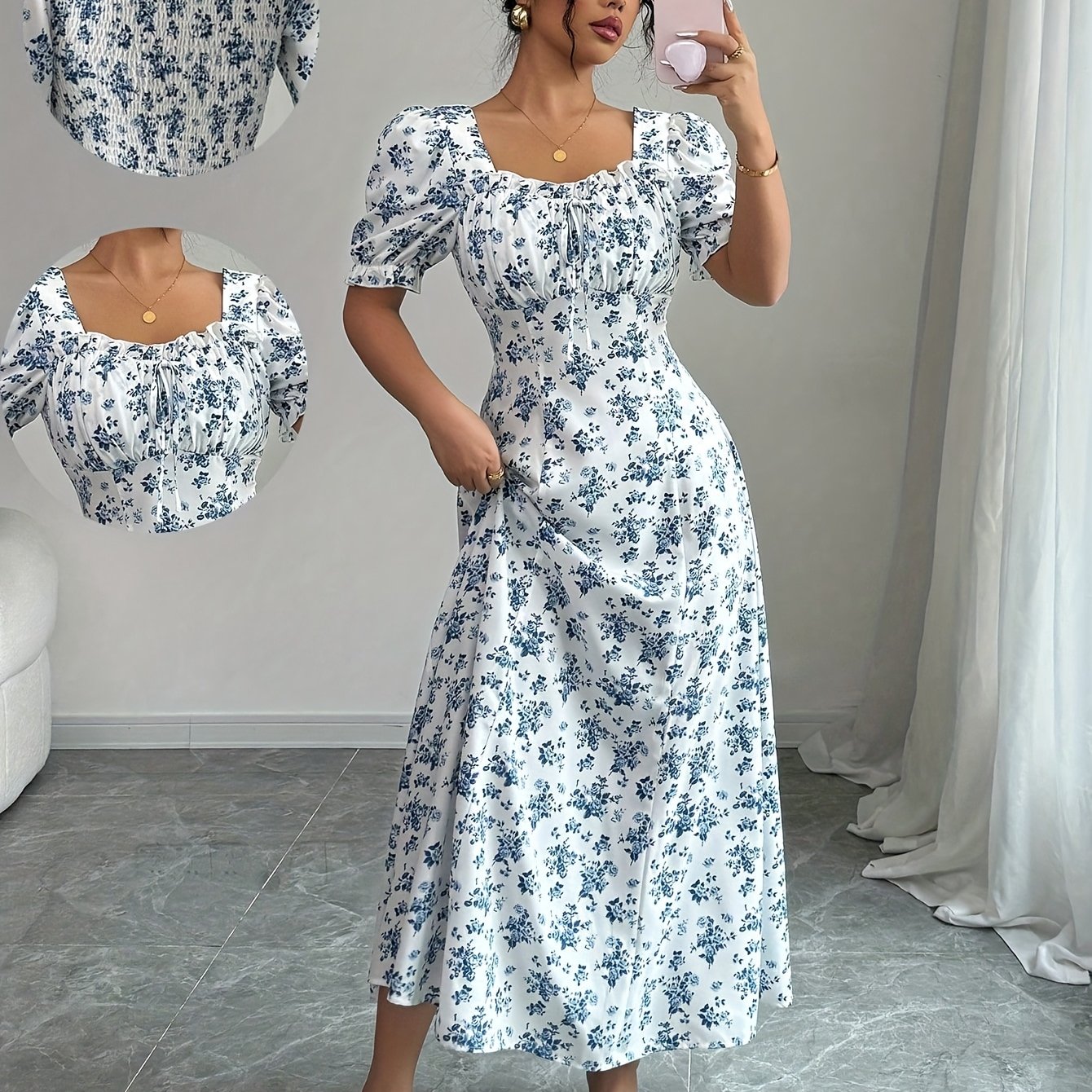 Image of An Elegant Floral Print Mini Dress For Women With Neckline, Featuring Ruffles And Sleeves, Perfect For Spring And Summer