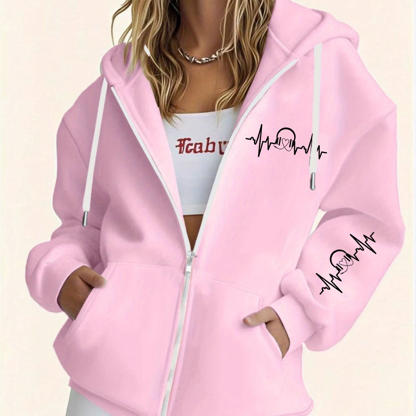 TEMU Women's Comfortable Fleece Lined Hooded Sweatshirt With Electrocardiogram Heart-shaped Pattern Print, Long Sleeved Pocket Hooded Zipper