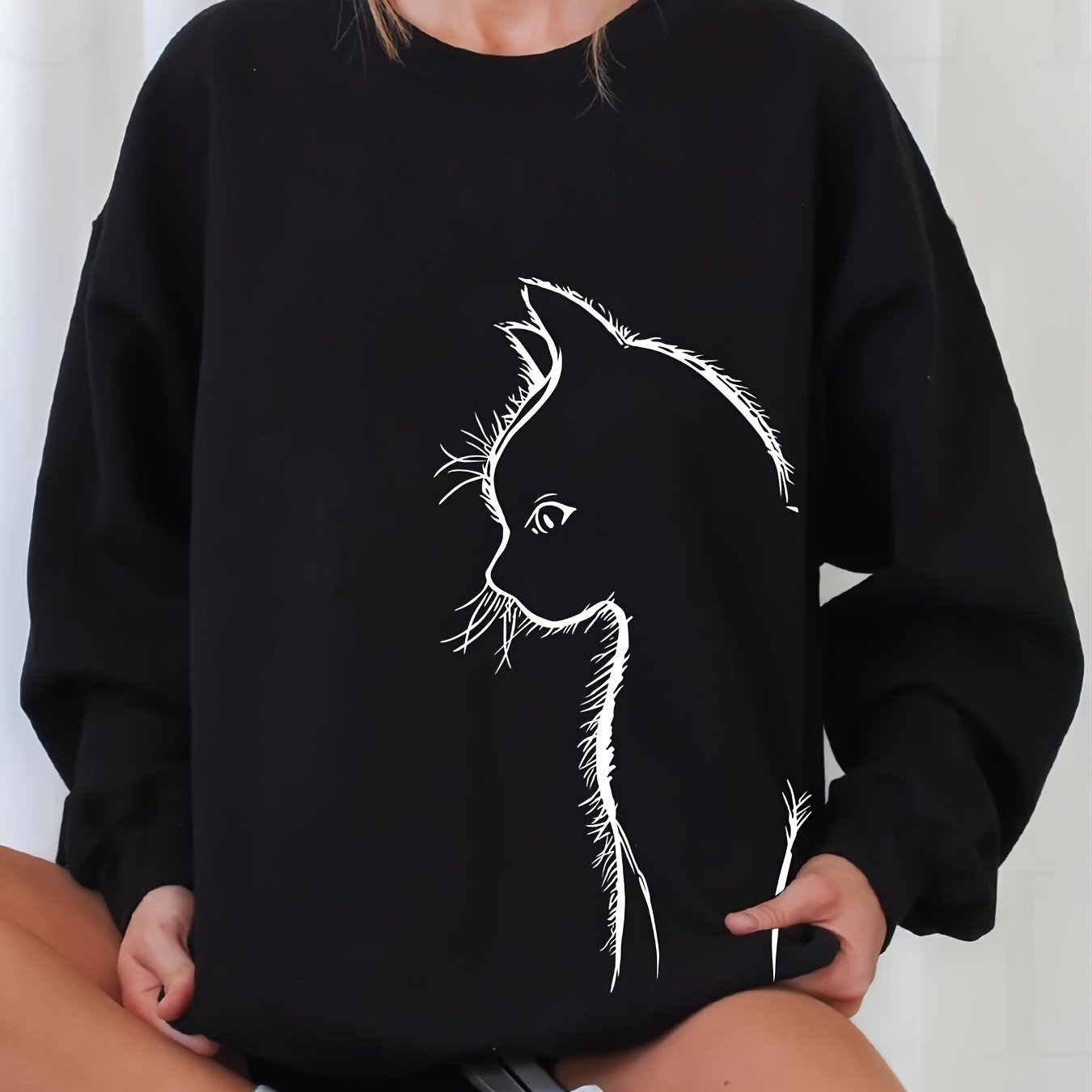 TEMU Cat Pullover, Long Sleeve Casual Sweatshirt For Spring & Fall, Women's Clothing