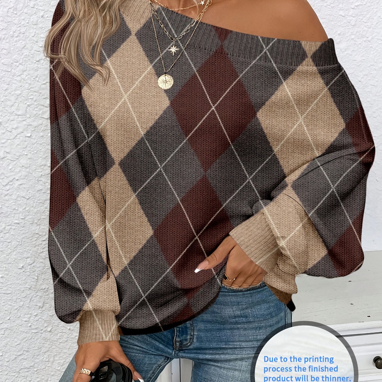 TEMU [thin Sweater] Women's Wear, Brown Checkered Print, Preppy Style, Off-shoulder Sweater, Fashionable Ladies, Trendy And Versatile, Casual Elegant