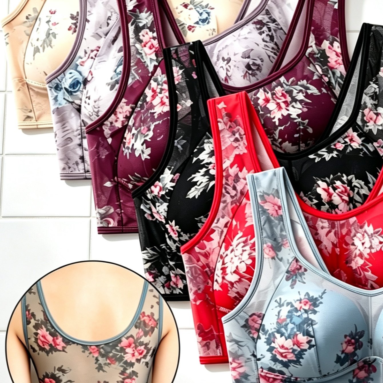 Ladies 6pcs Thin Mesh Printed Vest Bra, Wireless Hook-free Underwear For Seniors, Breathable Light Fabric, Non-binding Structure For Relaxed Wearing Experience