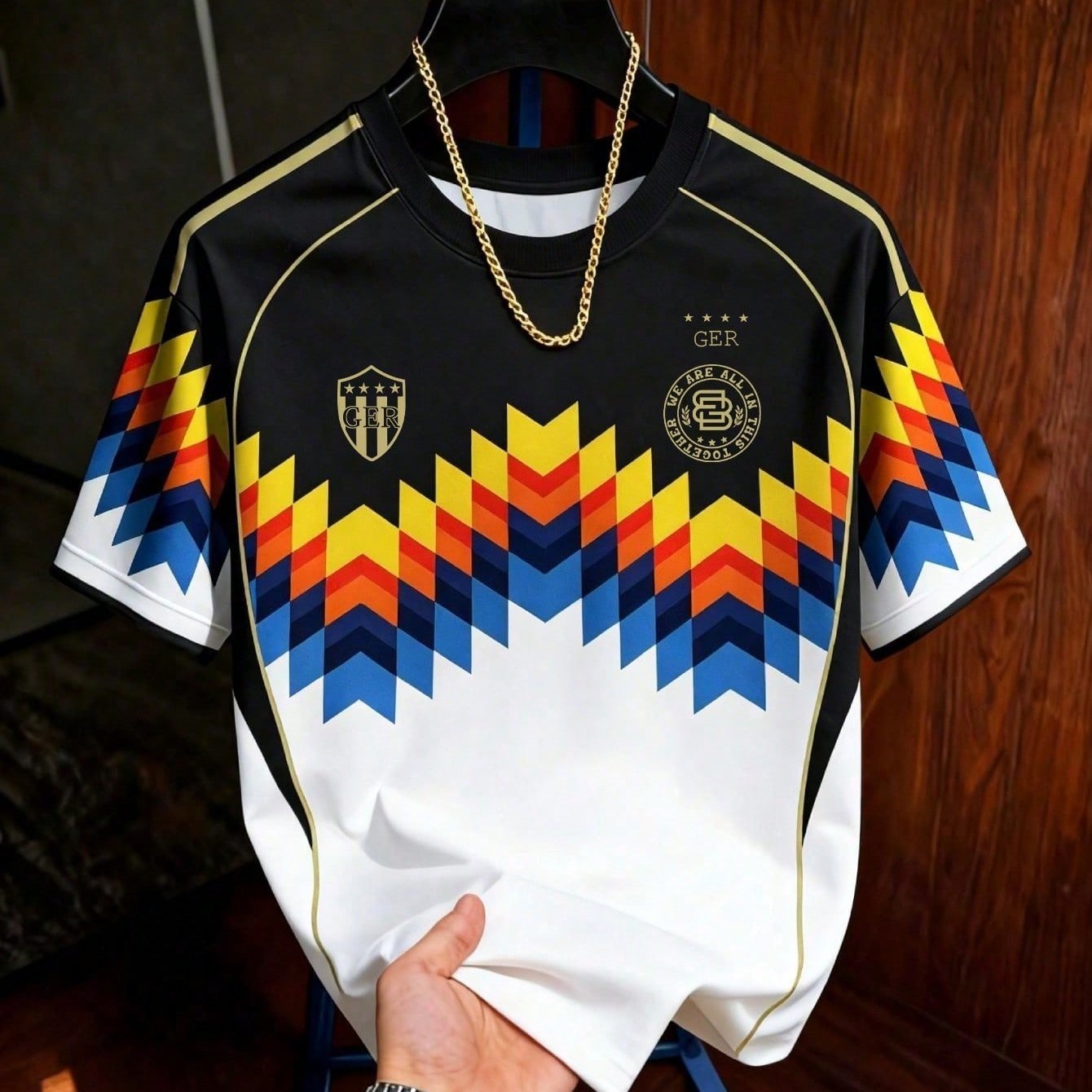 TEMU Printed Design – Not Textured/embroidery/sequins/flat Print T-shirt, No Accessories/white Slightly Sheer Men's Vintage German Style Football