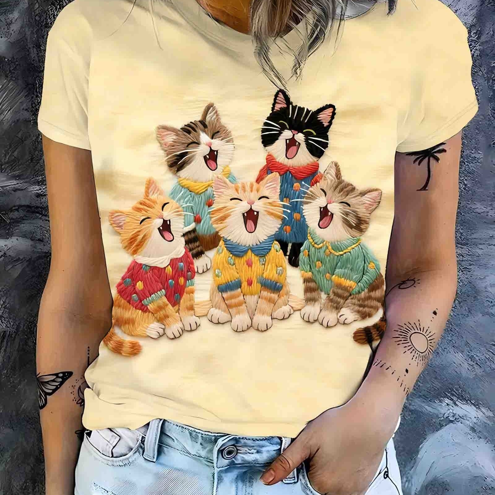 TEMU T-shirt à col rond pour femme, design imprimé motif chat , haut tendance et confortable